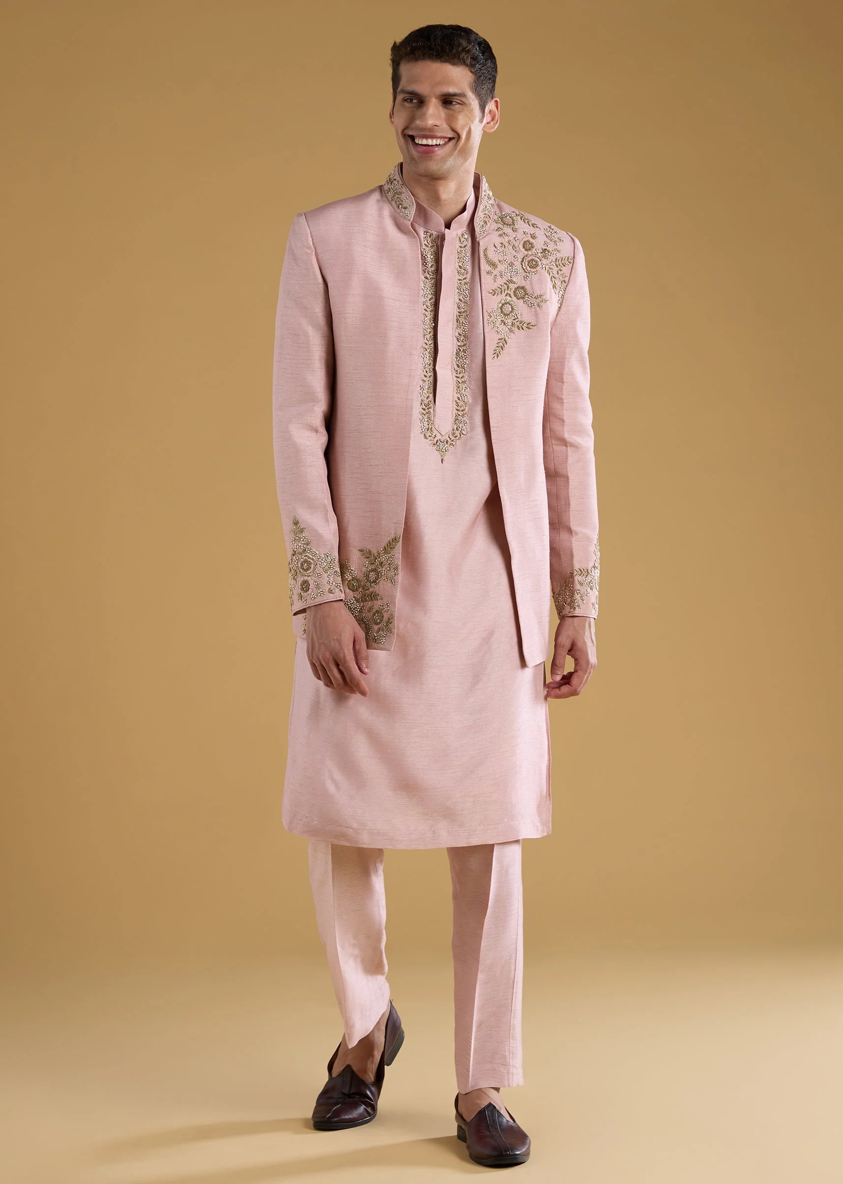 Pink Mysore Silk Mens Jodhpuri Kurta Set - Image 3