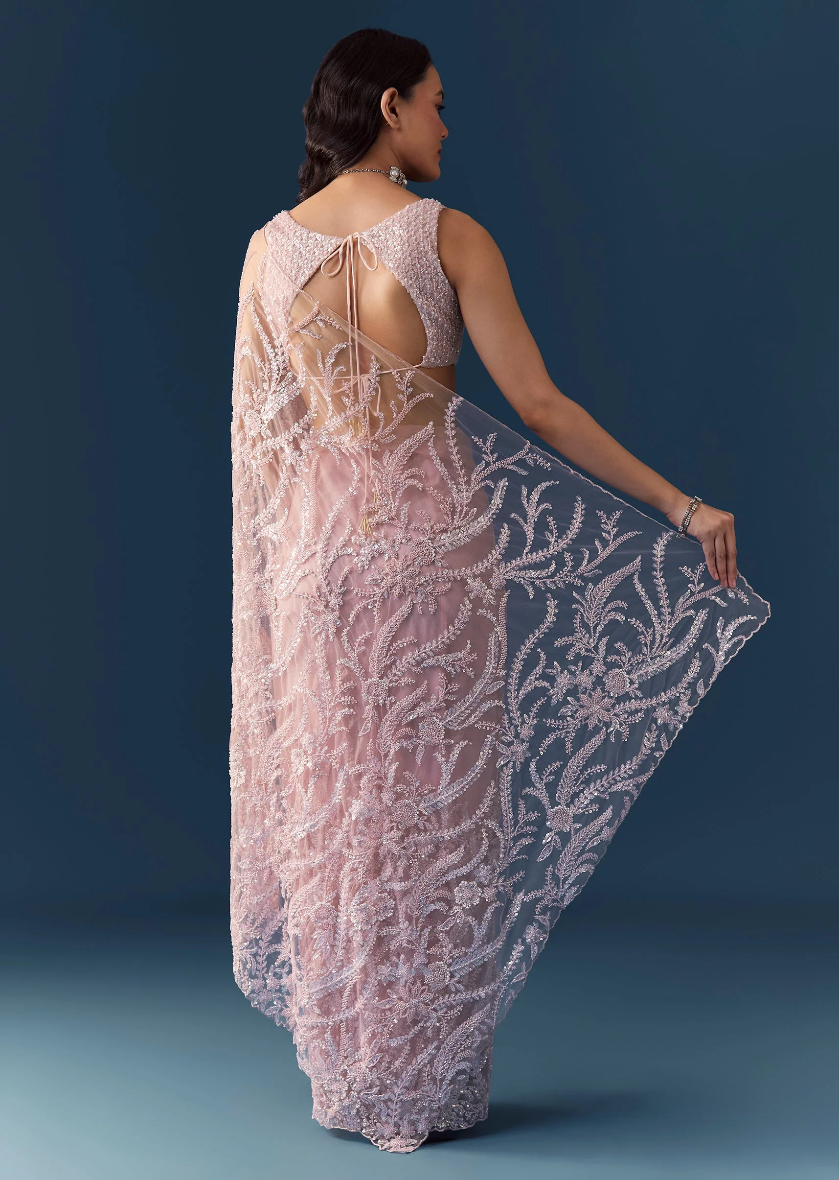 Pink Net Floral Jaal Work Saree with Unstitched Blouse - Image 4