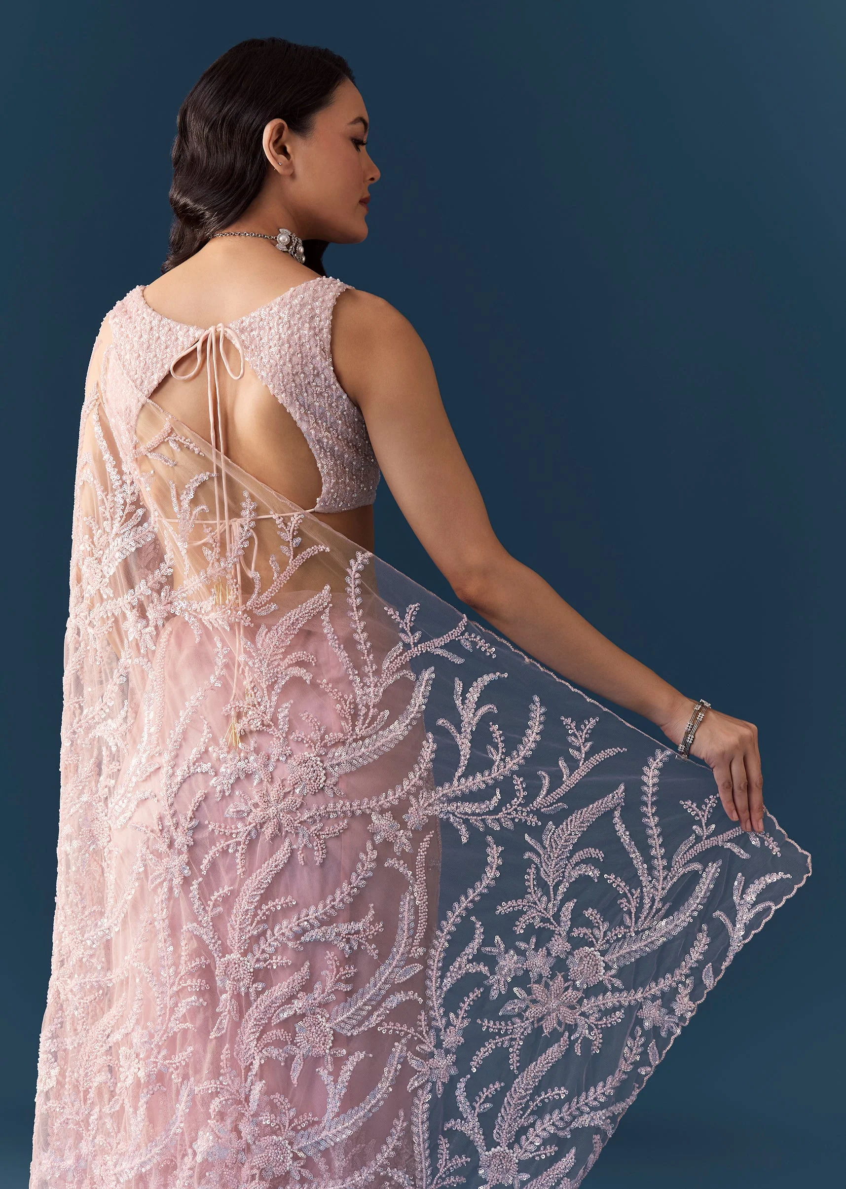 Pink Net Floral Jaal Work Saree with Unstitched Blouse - Image 6