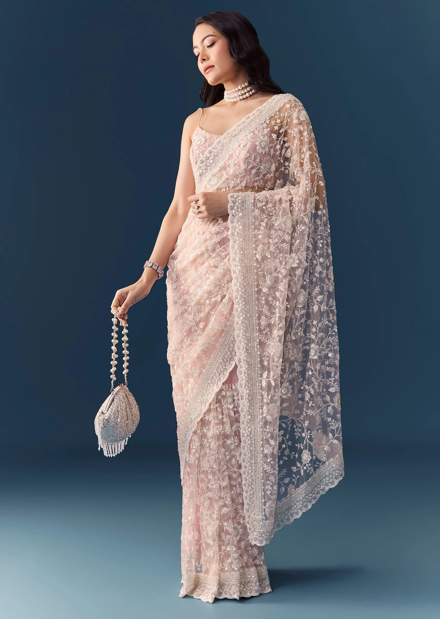 Pink Net Jaal Resham Saree with Unstitched Blouse - Image 3