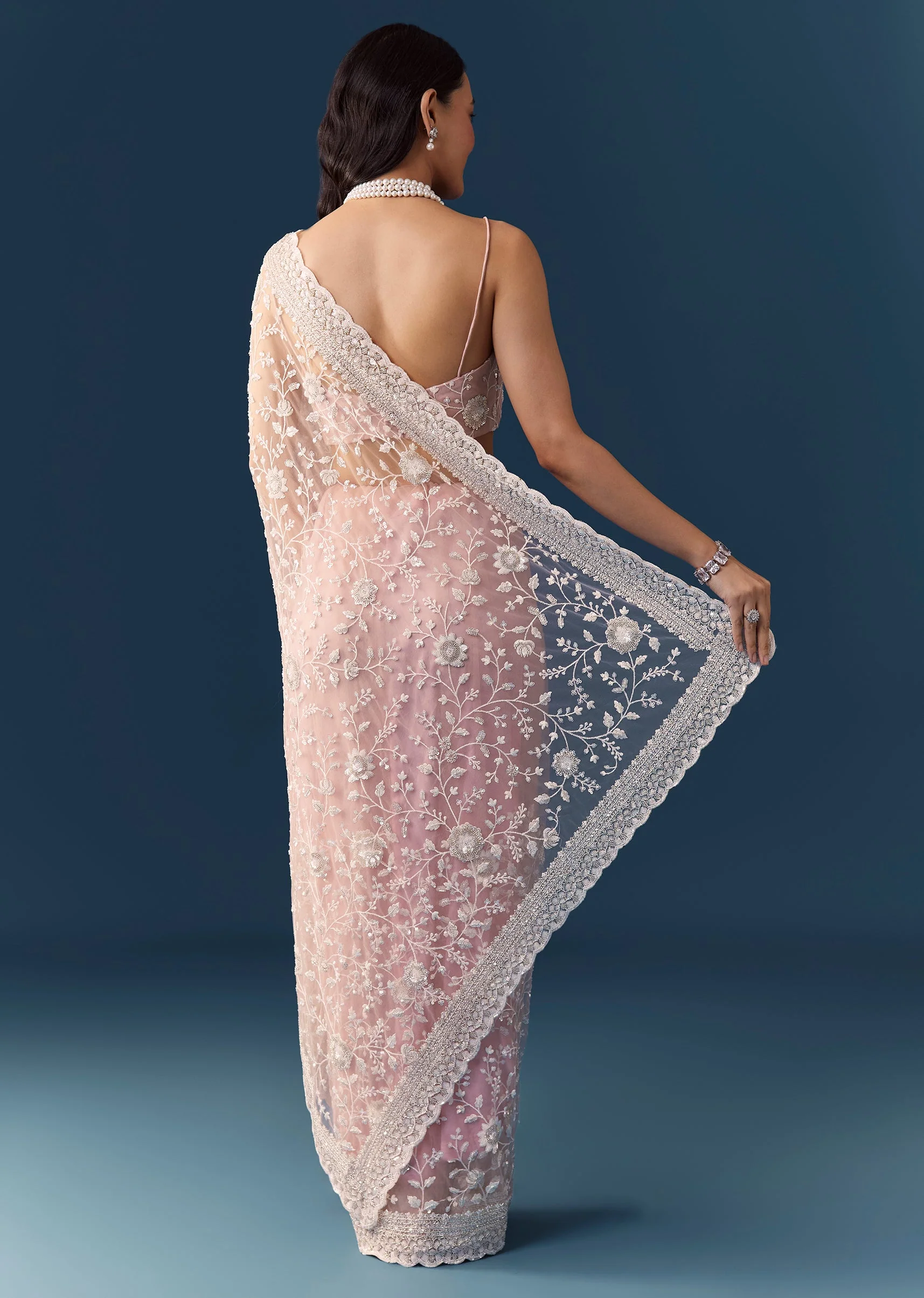Pink Net Jaal Resham Saree with Unstitched Blouse - Image 5