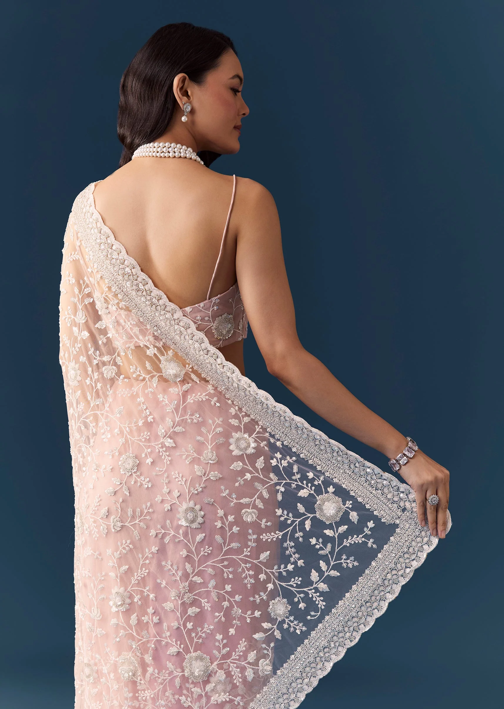 Pink Net Jaal Resham Saree with Unstitched Blouse - Image 6