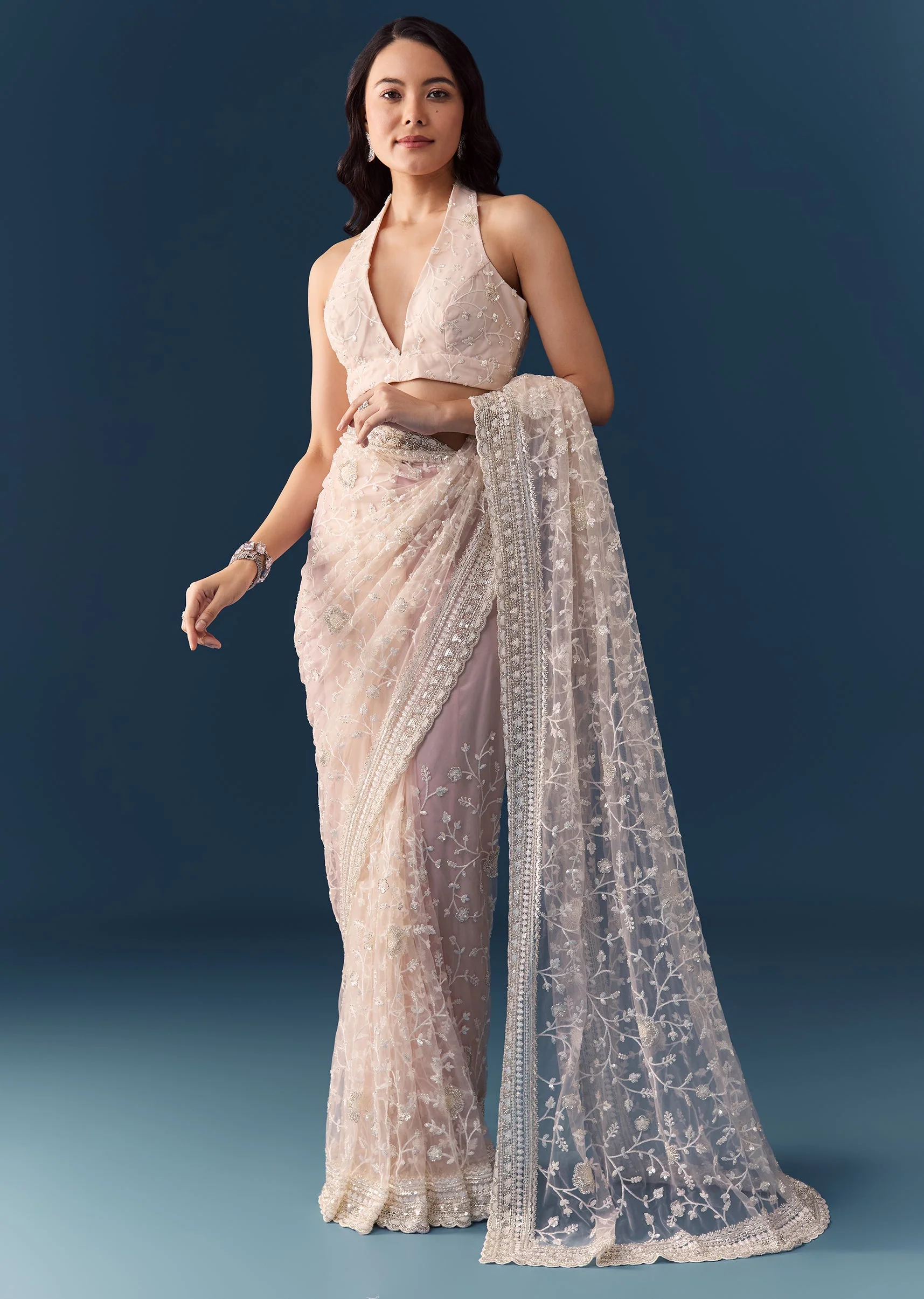 Pink Net Jaal Resham Work Saree with Unstitched Blouse - Image 3