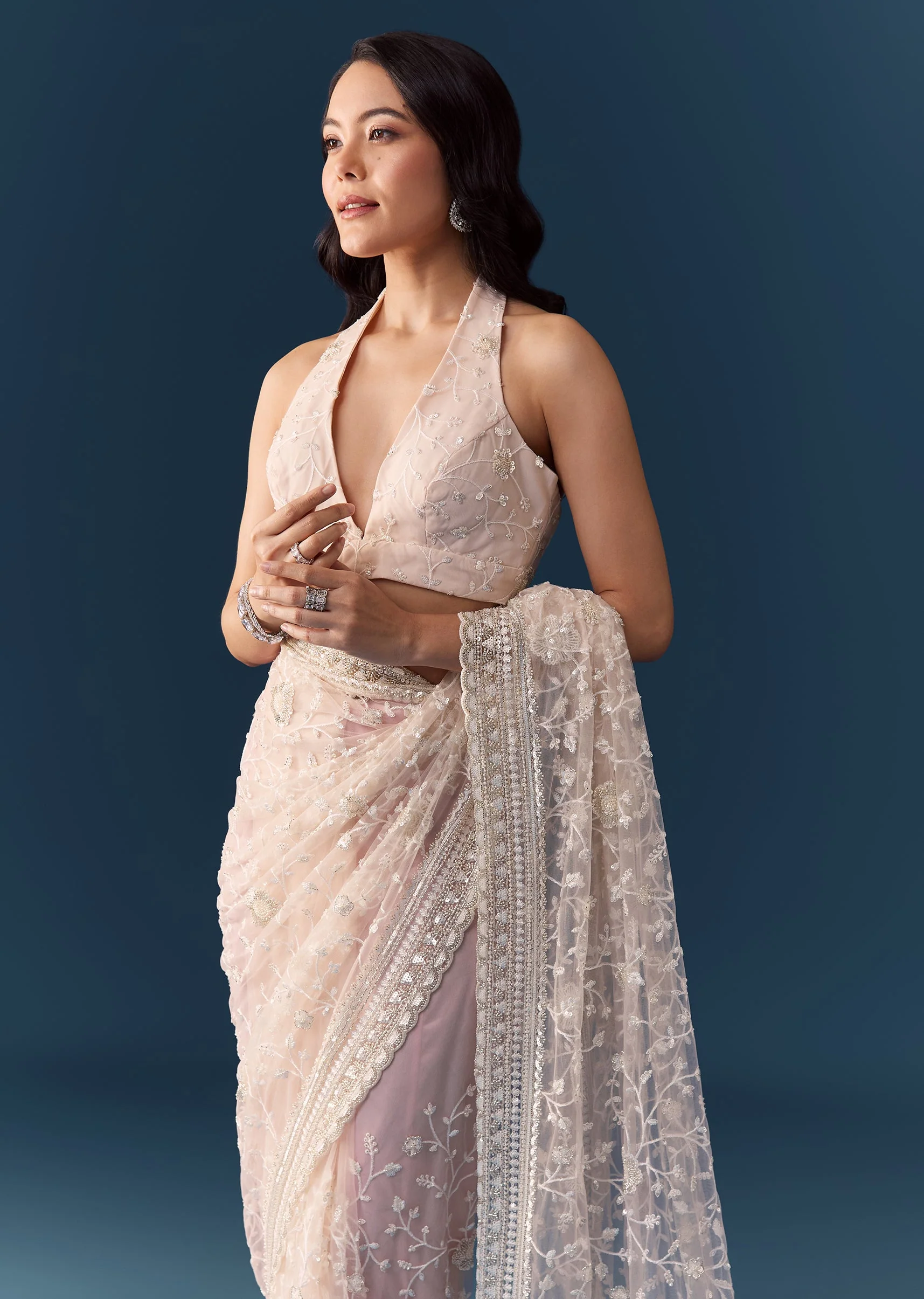 Pink Net Jaal Resham Work Saree with Unstitched Blouse - Image 4