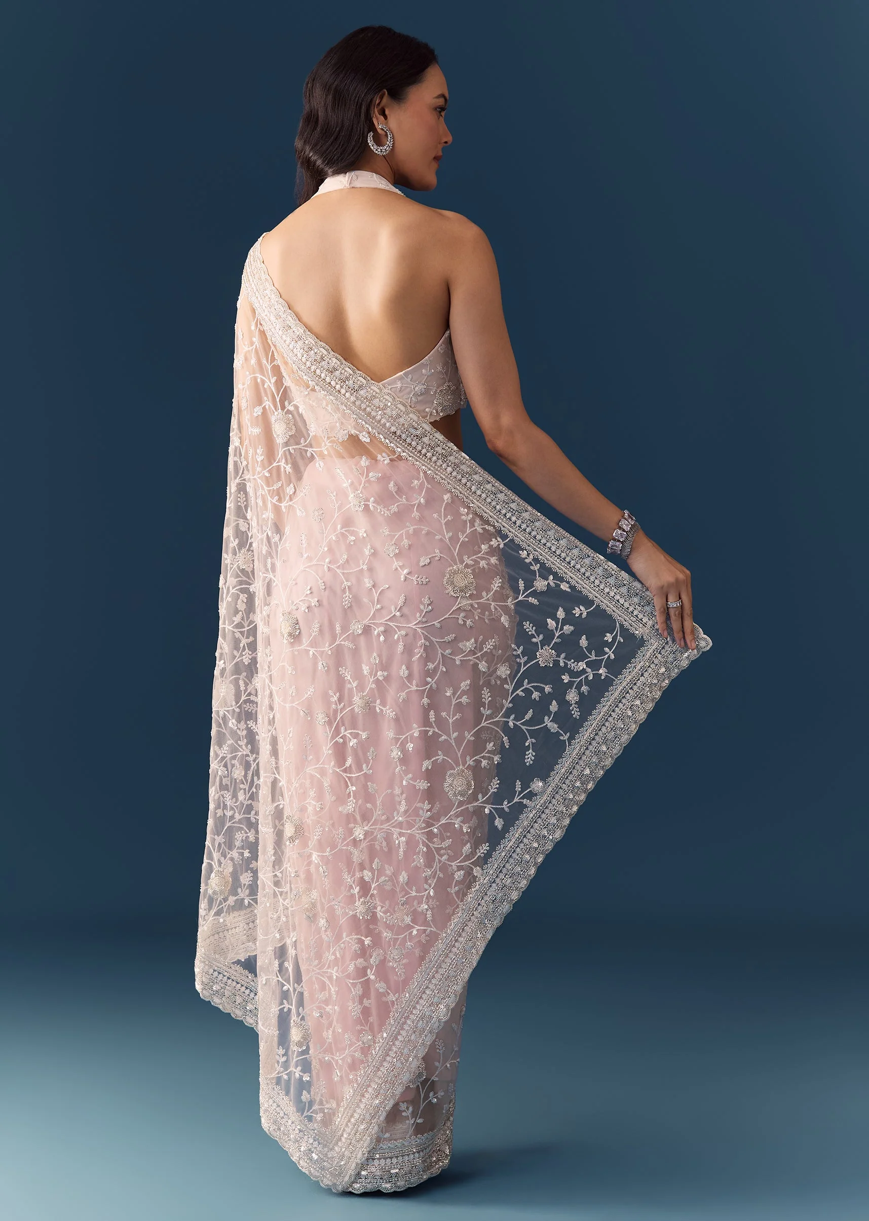 Pink Net Jaal Resham Work Saree with Unstitched Blouse - Image 5