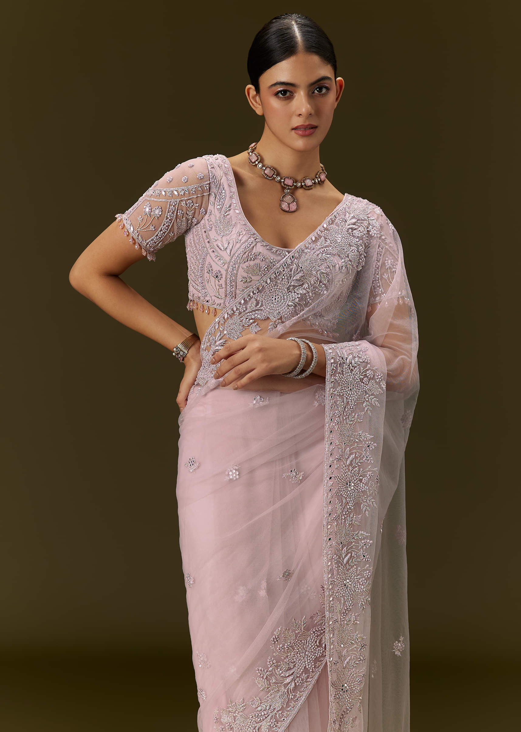 Pink Net Saree With All Over Embroidery - Image 2