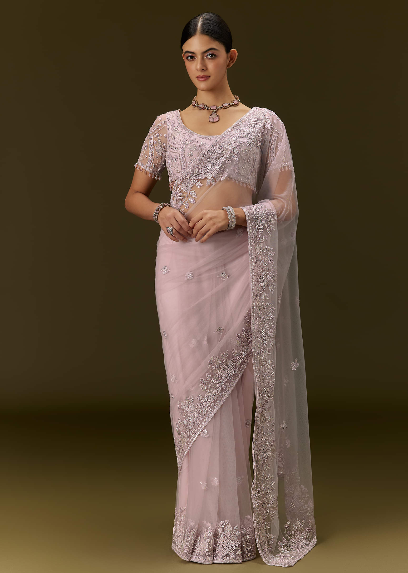 Pink Net Saree With All Over Embroidery - Image 3