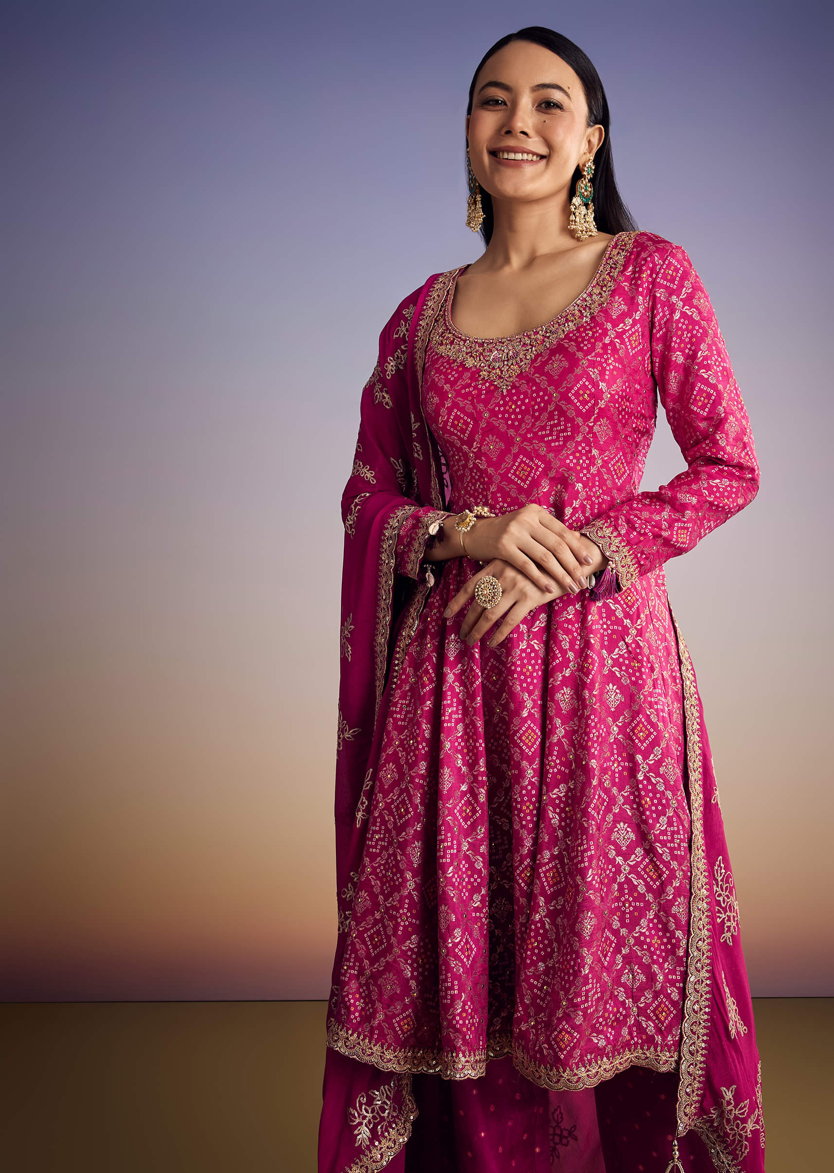 Pink Ombre Bandhani Anarkali Suit With Zardosi Neckline - Image 2