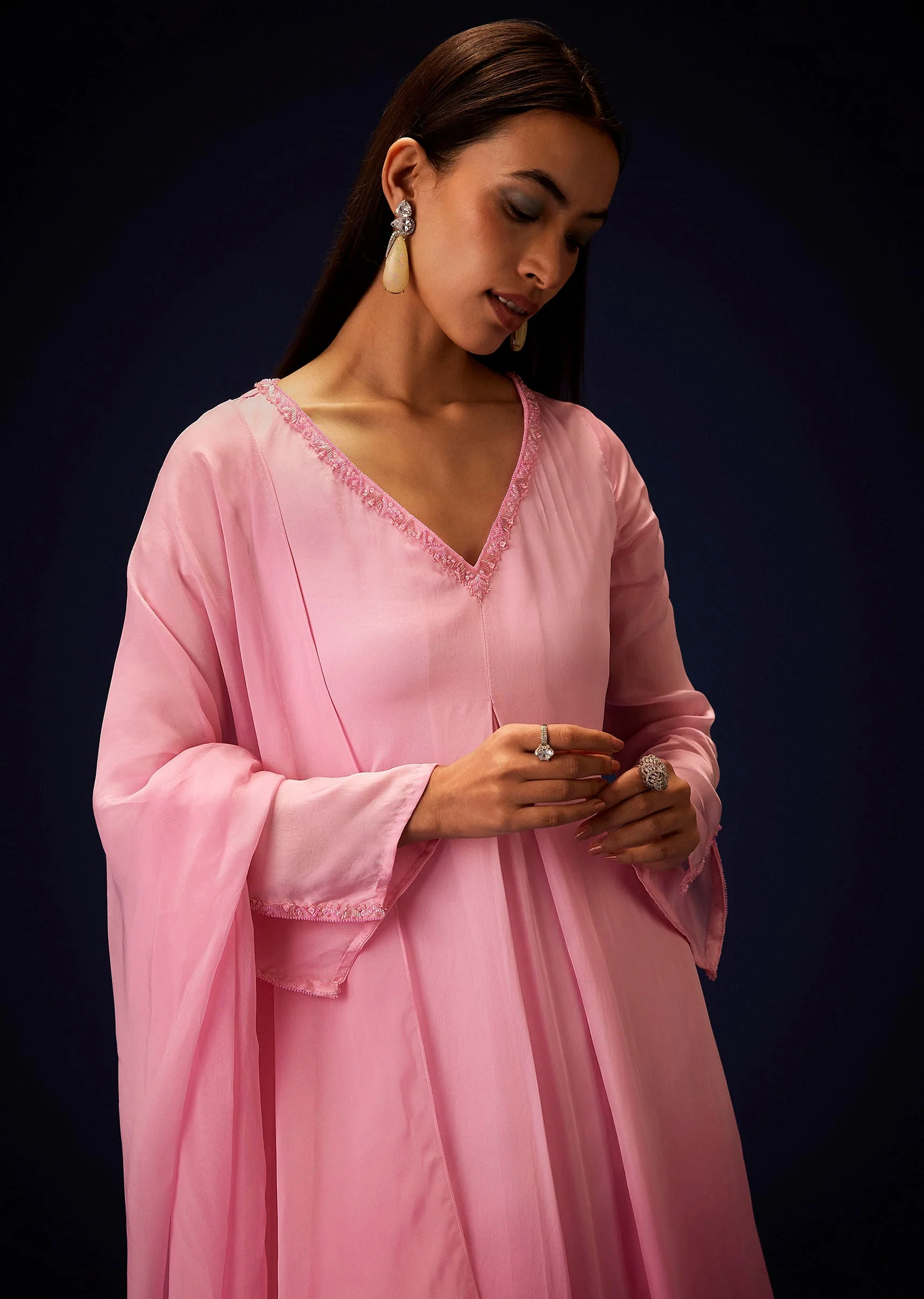 Pink Ombre Bell Sleeved Kurta With Palazzo And Dupatta - Image 2