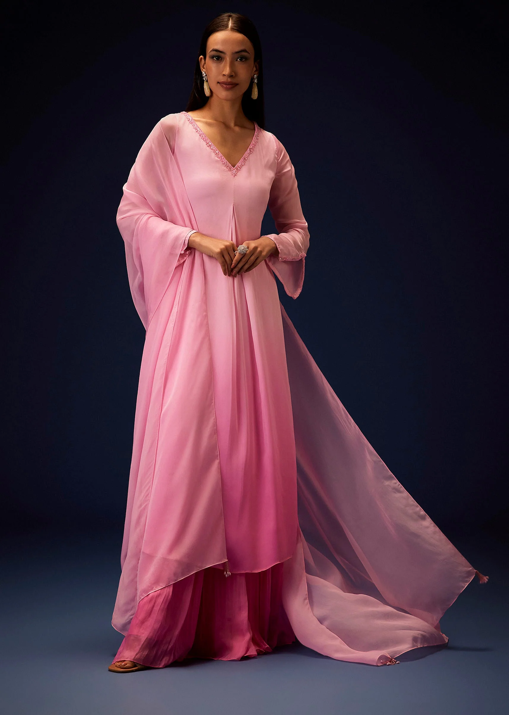 Pink Ombre Bell Sleeved Kurta With Palazzo And Dupatta - Image 3