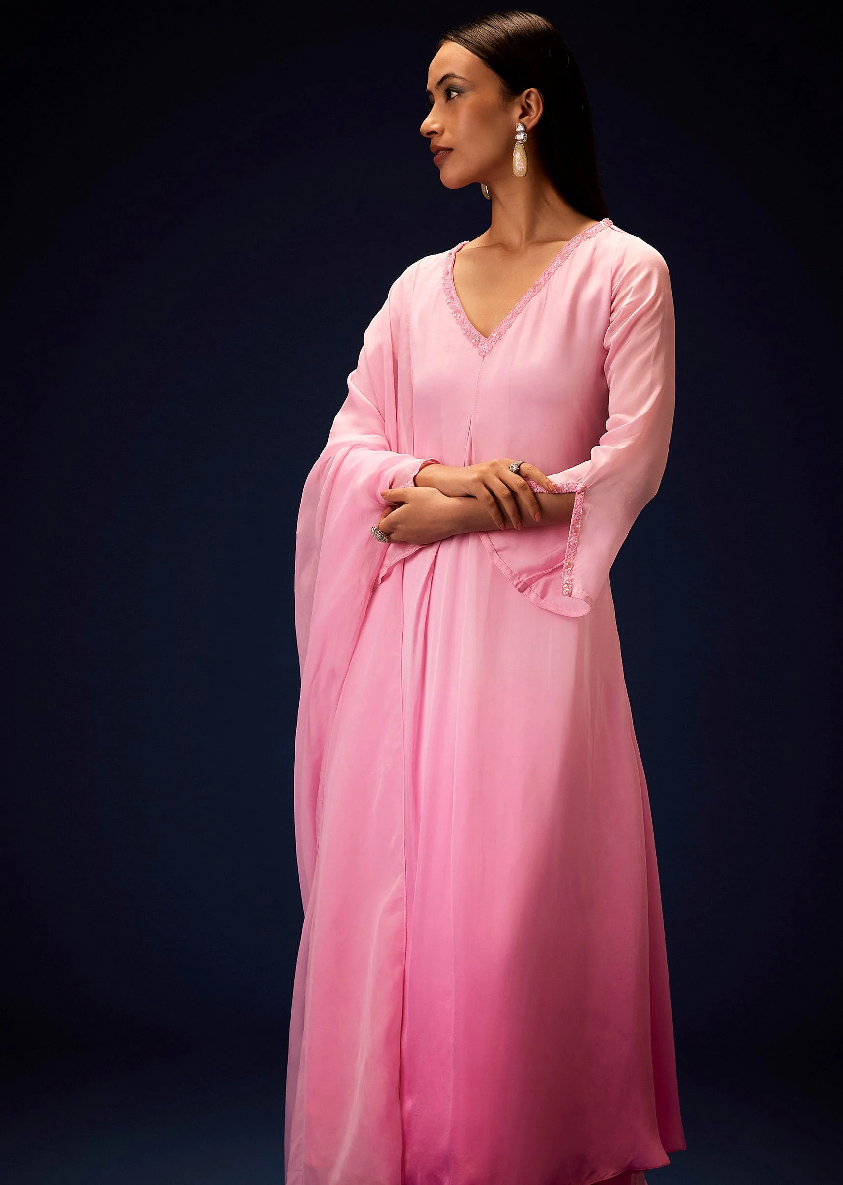 Pink Ombre Bell Sleeved Kurta With Palazzo And Dupatta - Image 4