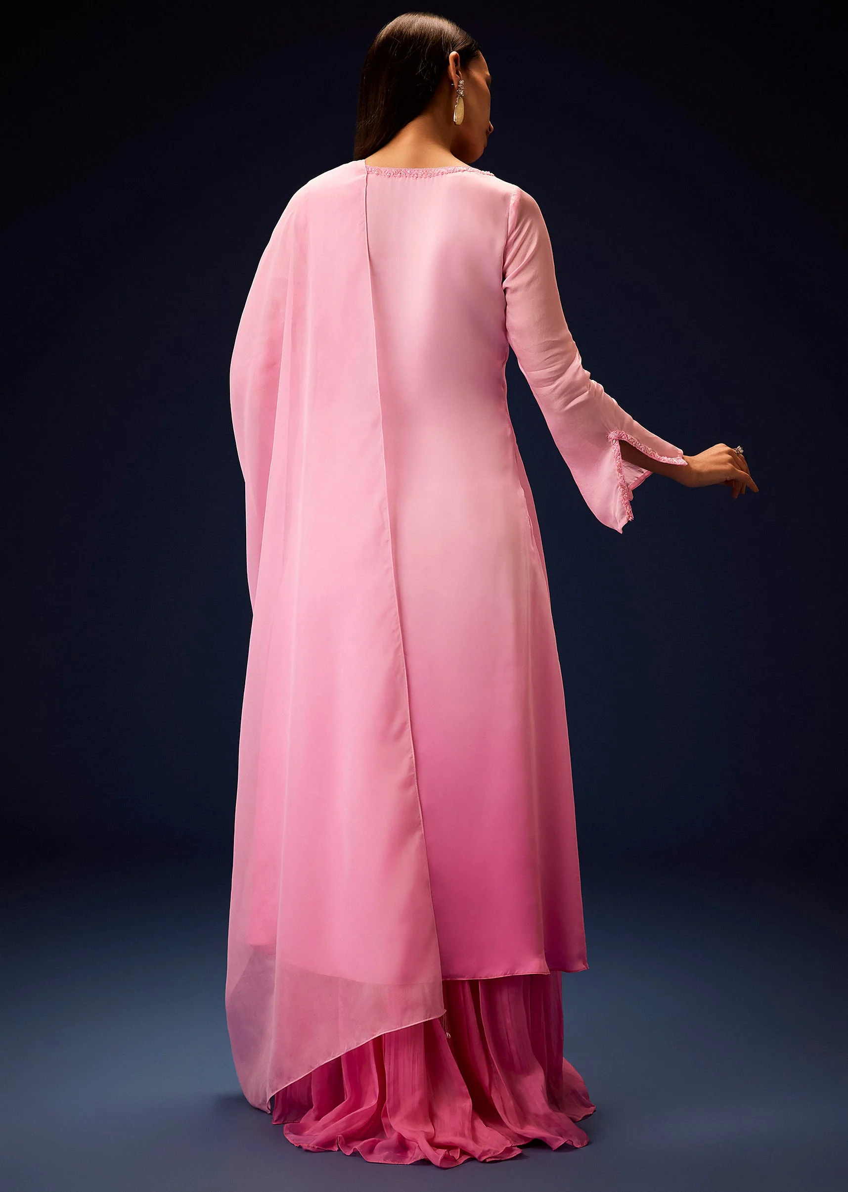 Pink Ombre Bell Sleeved Kurta With Palazzo And Dupatta - Image 5