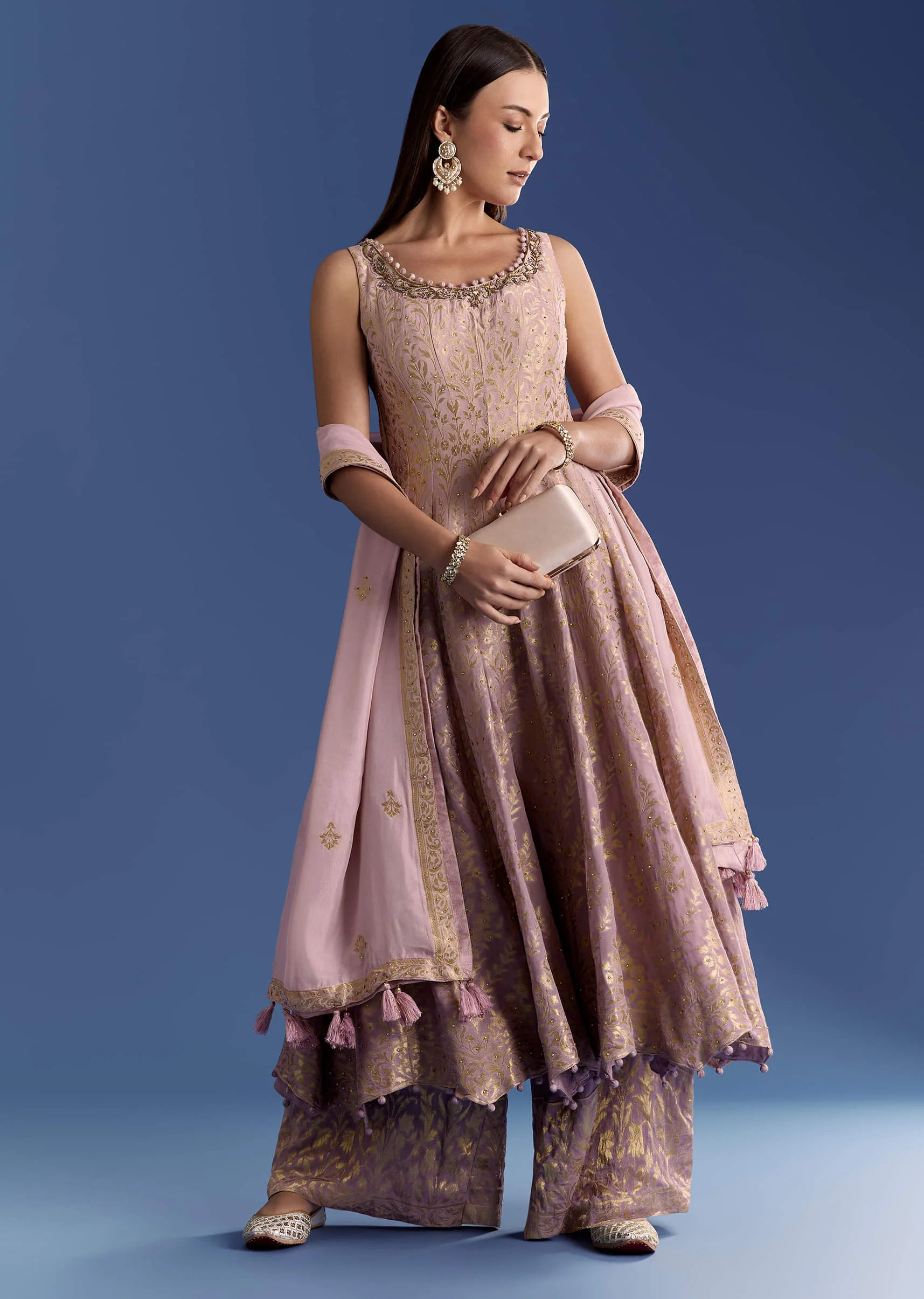 Pink Ombre Georgette Anarkali With Cutdana Neck And Zari Dupatta - Image 2