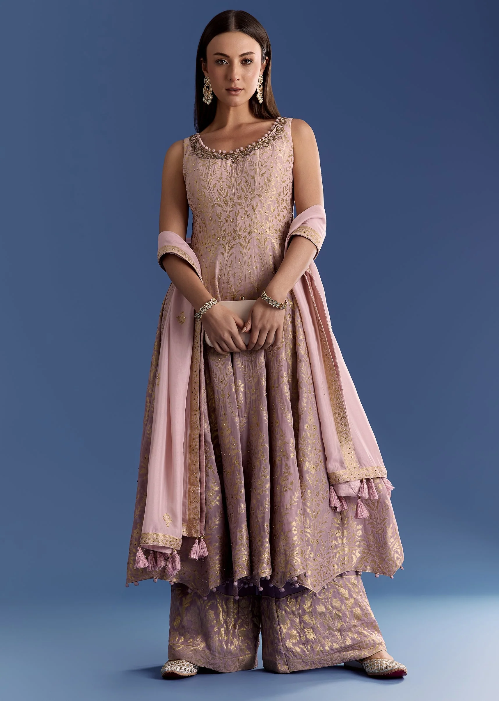 Pink Ombre Georgette Anarkali With Cutdana Neck And Zari Dupatta - Image 4