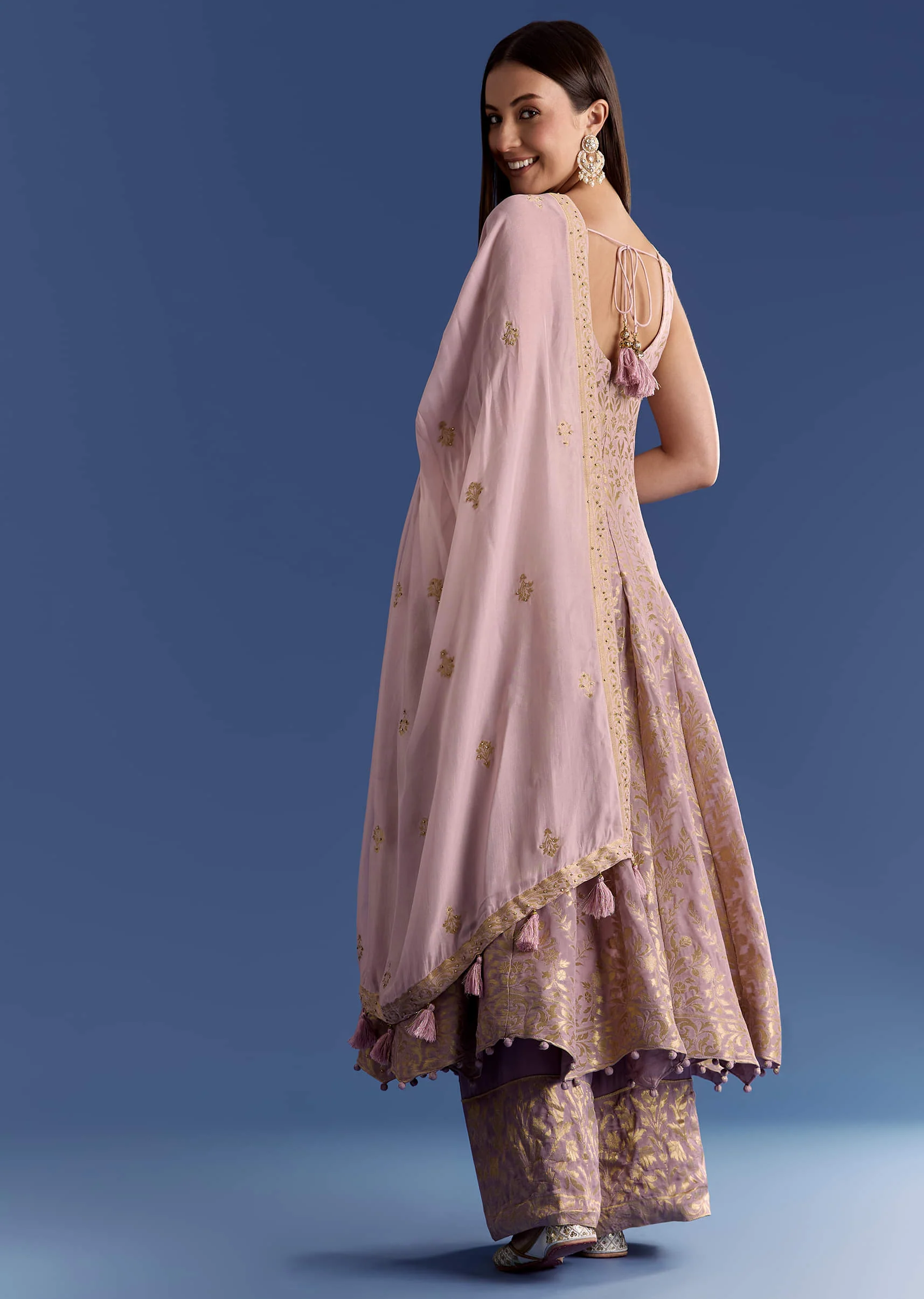 Pink Ombre Georgette Anarkali With Cutdana Neck And Zari Dupatta - Image 5