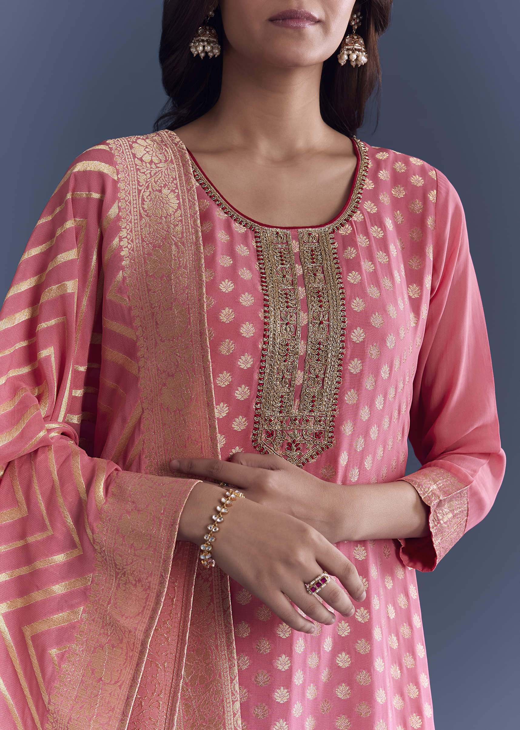 Pink Ombre Georgette Kurta Set With Banarasi Weave - Image 2
