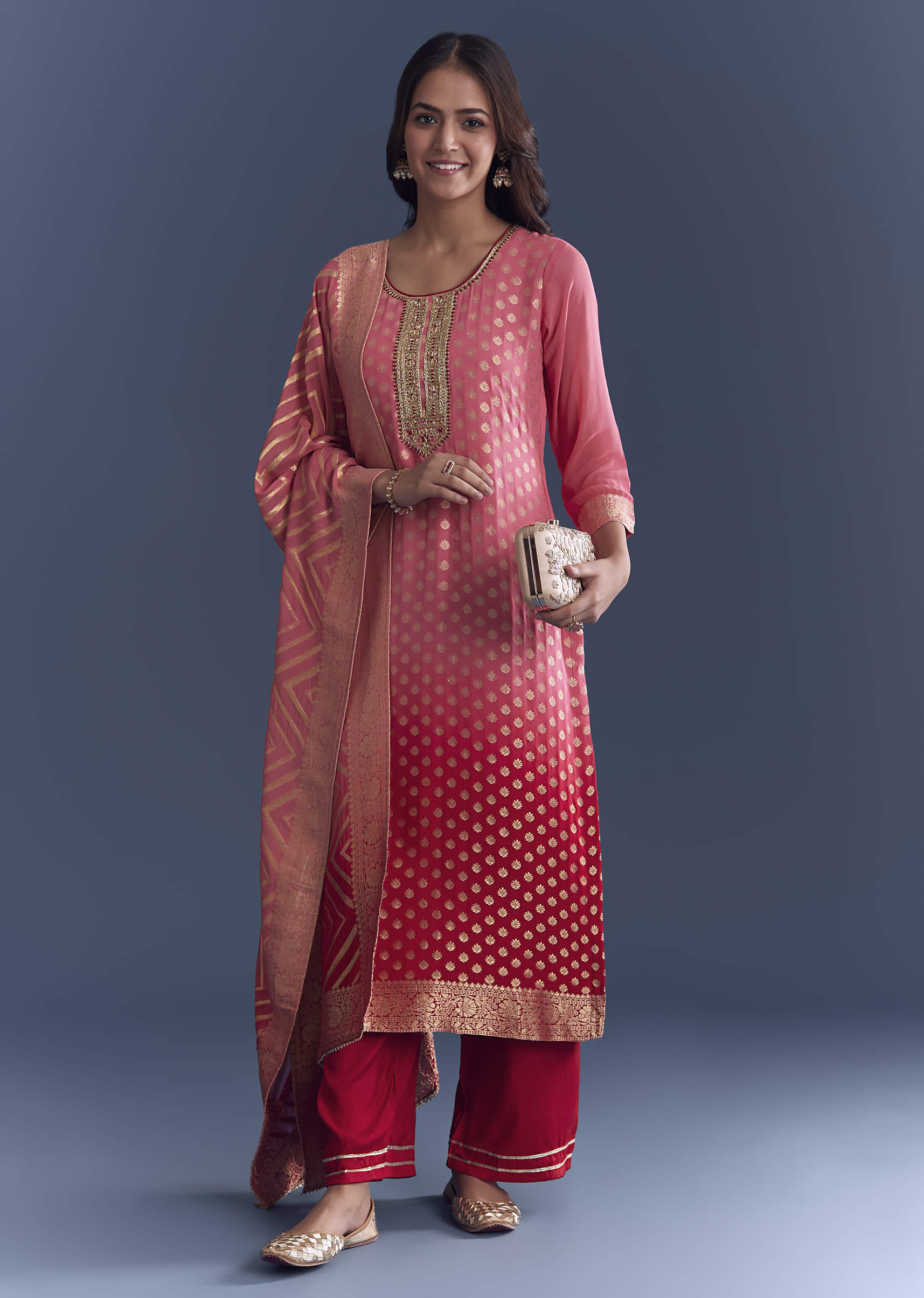Pink Ombre Georgette Kurta Set With Banarasi Weave - Image 3