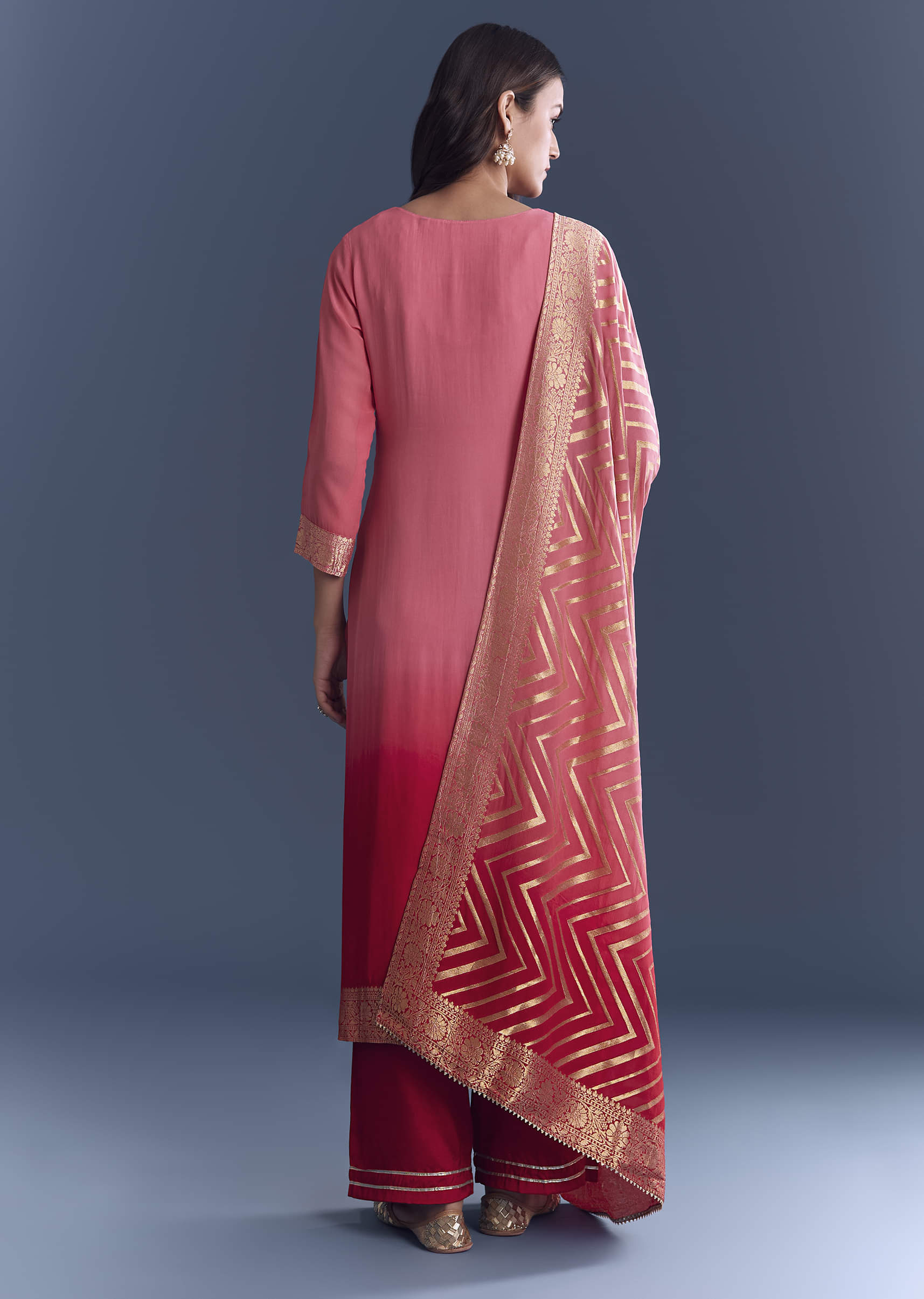 Pink Ombre Georgette Kurta Set With Banarasi Weave - Image 5