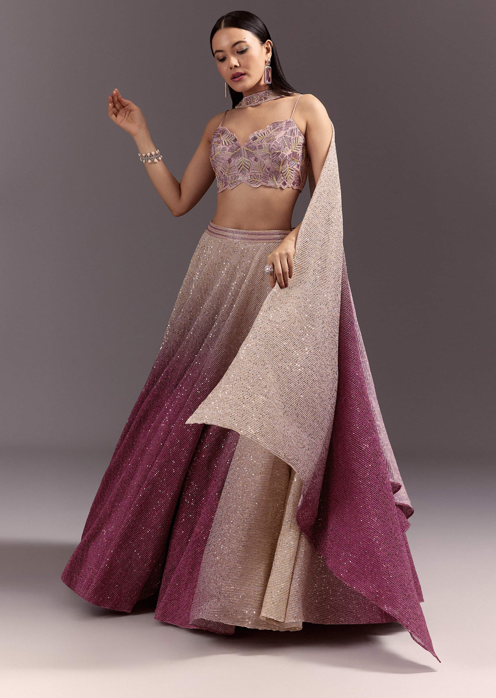 Pink Ombre Lehenga Dupatta Set With Heavily Worked Blouse - Image 4