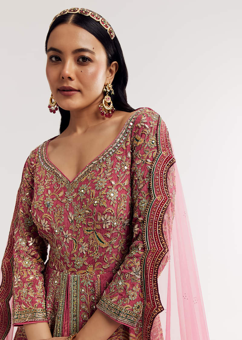 Pink Ombre Printed Anarkali Suit With Gotta And Mirror Work - Image 2