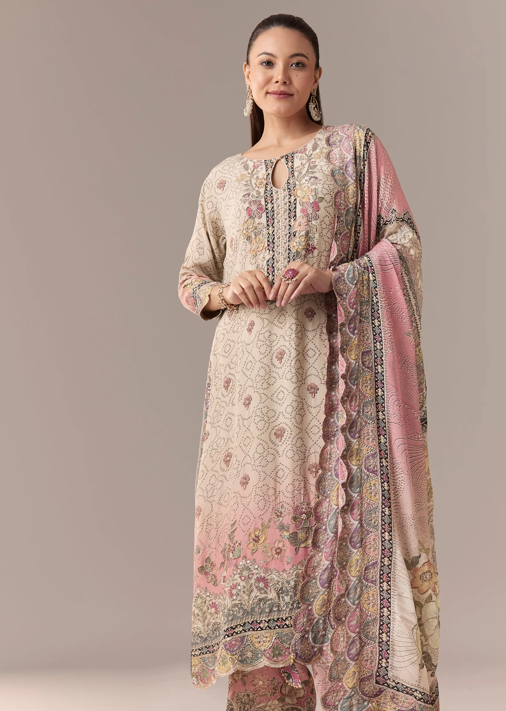 Pink Ombre Printed Kurta Set With Pant And Dupatta - Image 4