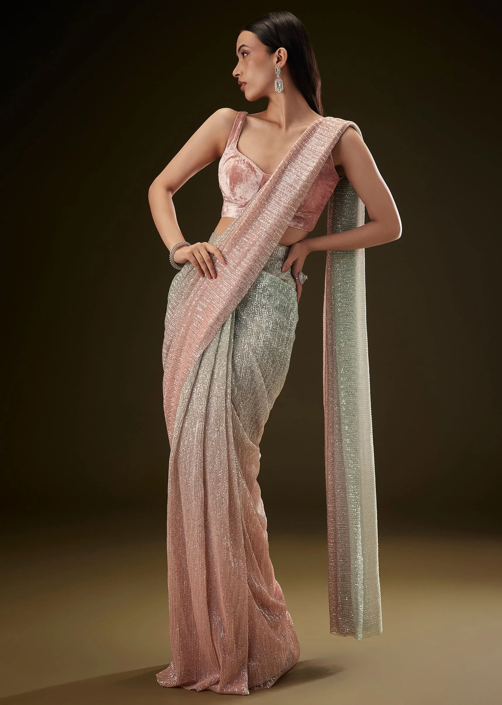 Pink Ombre Sequence Ready To Wear Saree With Velvet Blouse - Image 3