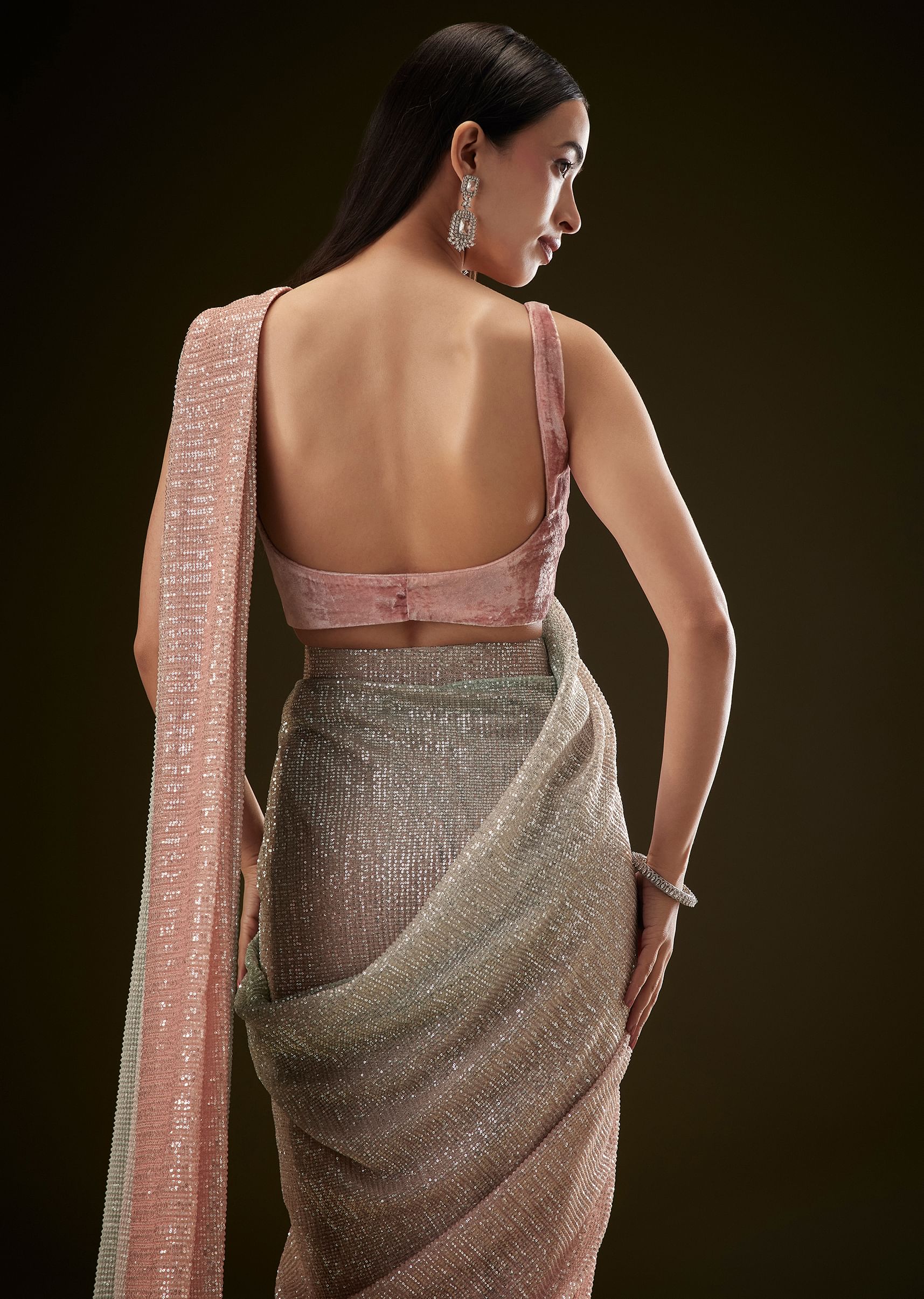 Pink Ombre Sequence Ready To Wear Saree With Velvet Blouse - Image 4