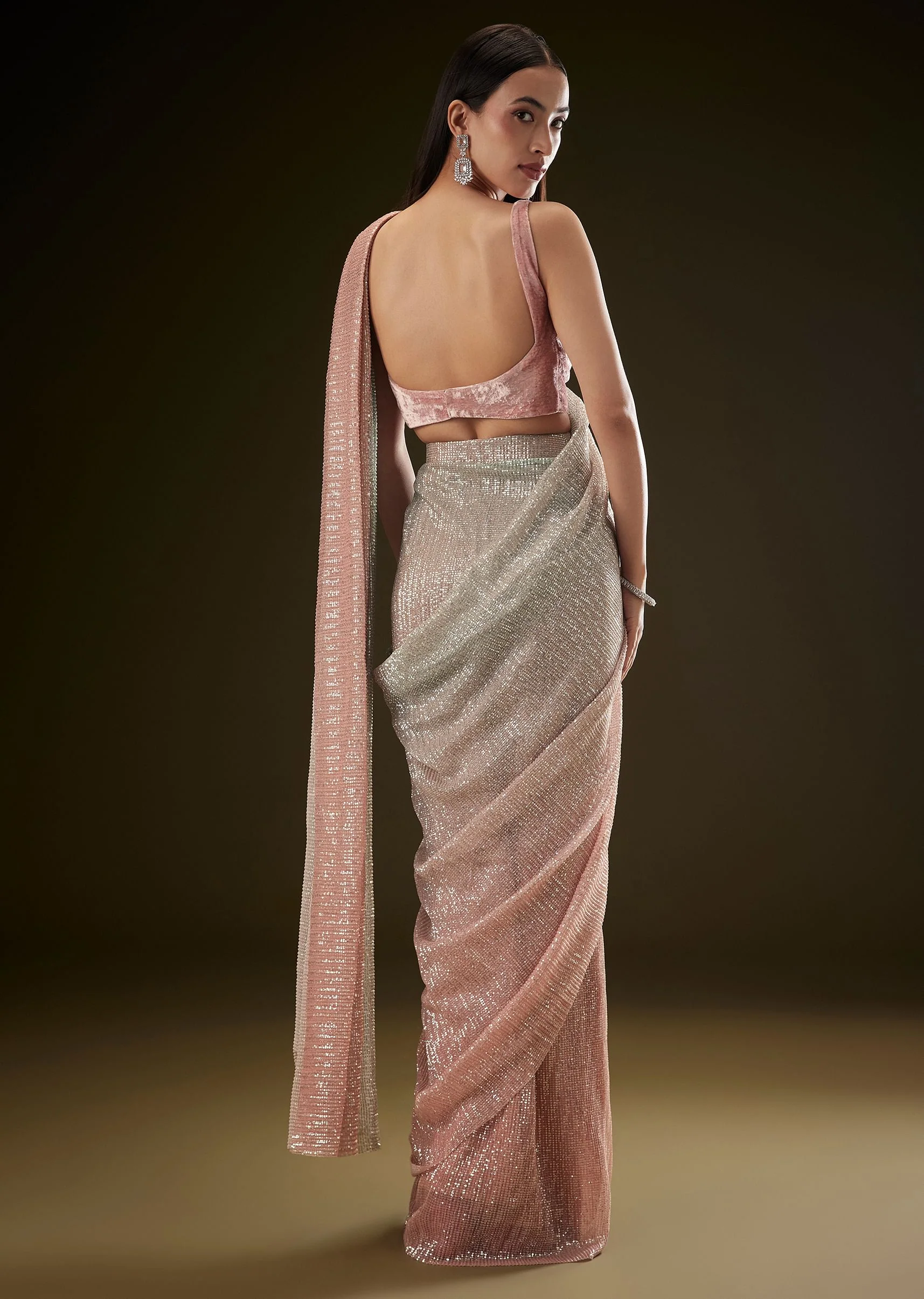 Pink Ombre Sequence Ready To Wear Saree With Velvet Blouse - Image 6
