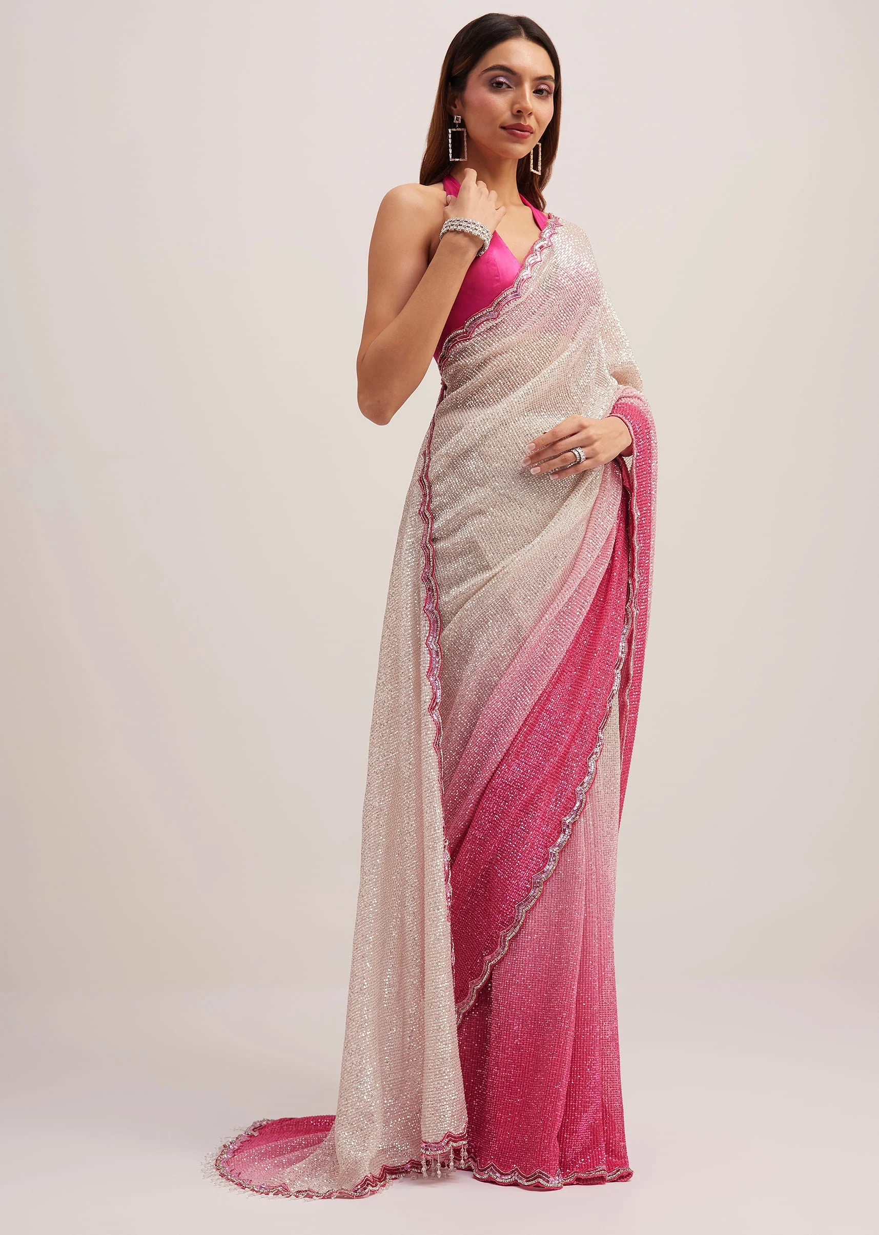 Pink Ombre Sequins Saree With Scallop Border - Image 4