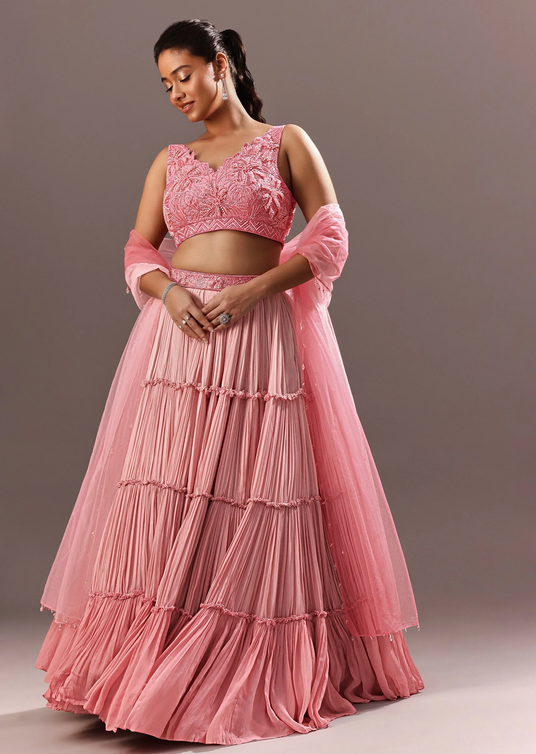 Pink Onbre Georgette Tiered Lehenga And Dupatta With V Neck Embroidered Raw Silk Blouse - Image 3