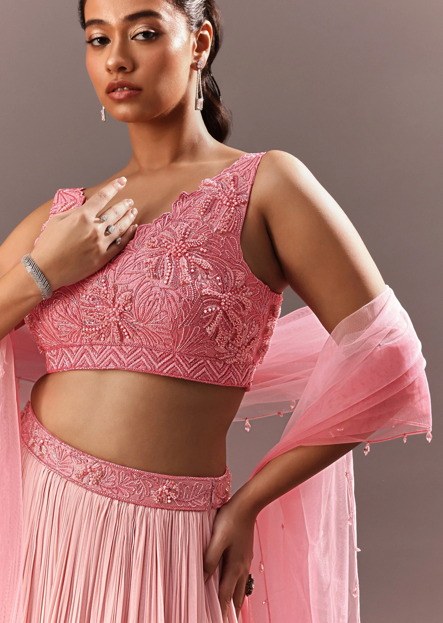 Pink Onbre Georgette Tiered Lehenga And Dupatta With V Neck Embroidered Raw Silk Blouse - Image 4