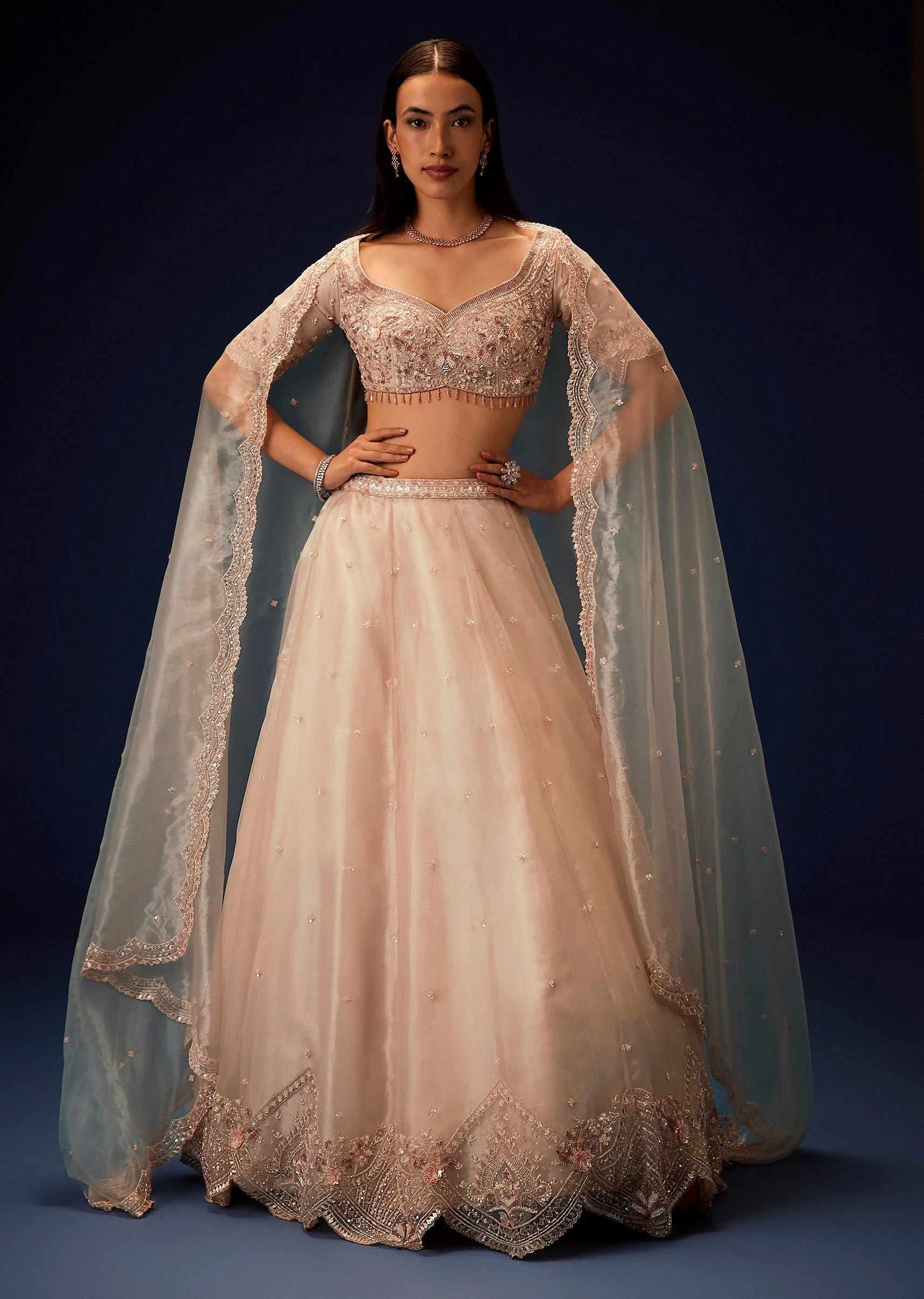 Pink Organza 8 Kali Lehenga With Embroidered Blouse and Cutwork Dupatta - Image 3