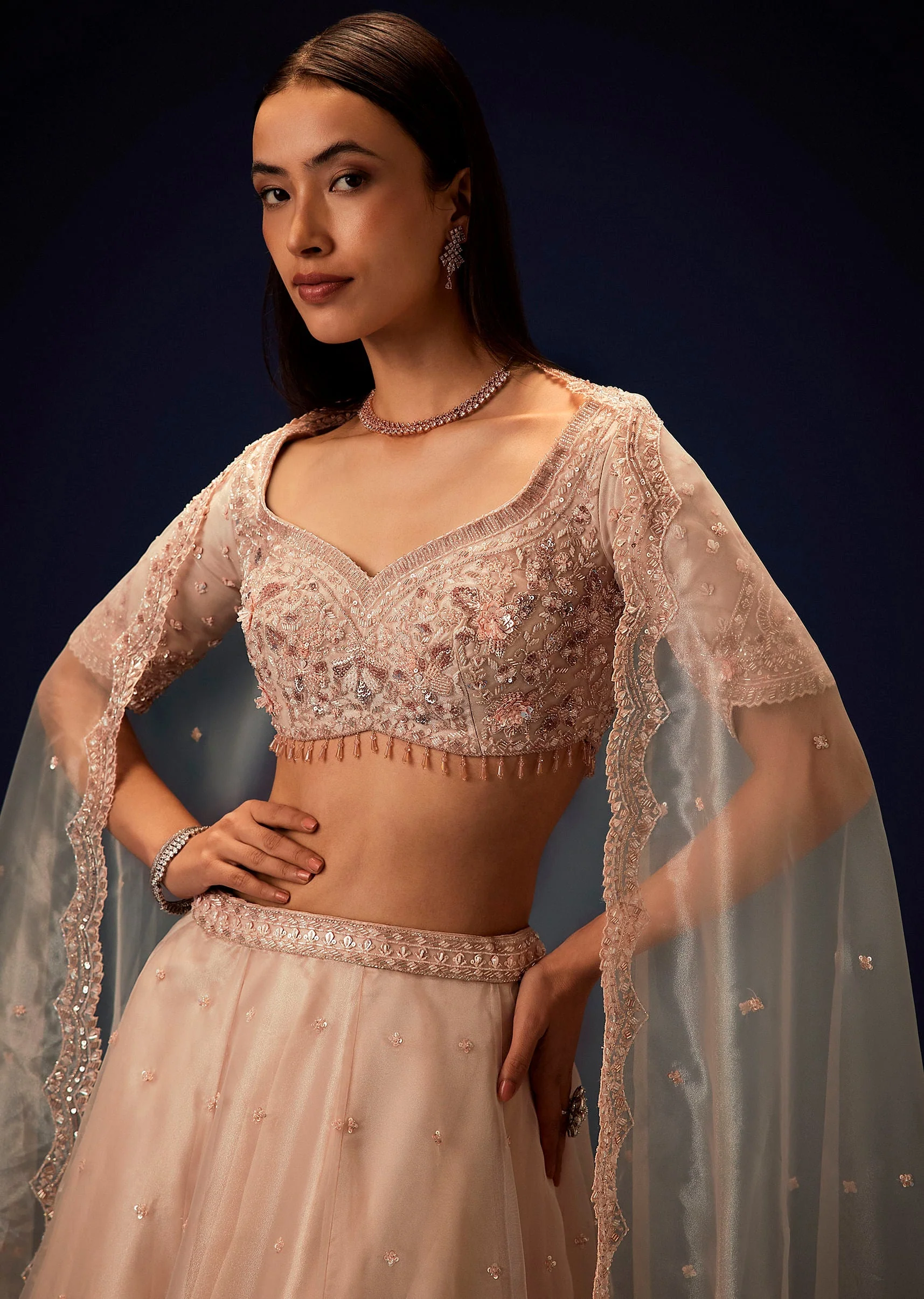 Pink Organza 8 Kali Lehenga With Embroidered Blouse and Cutwork Dupatta - Image 4