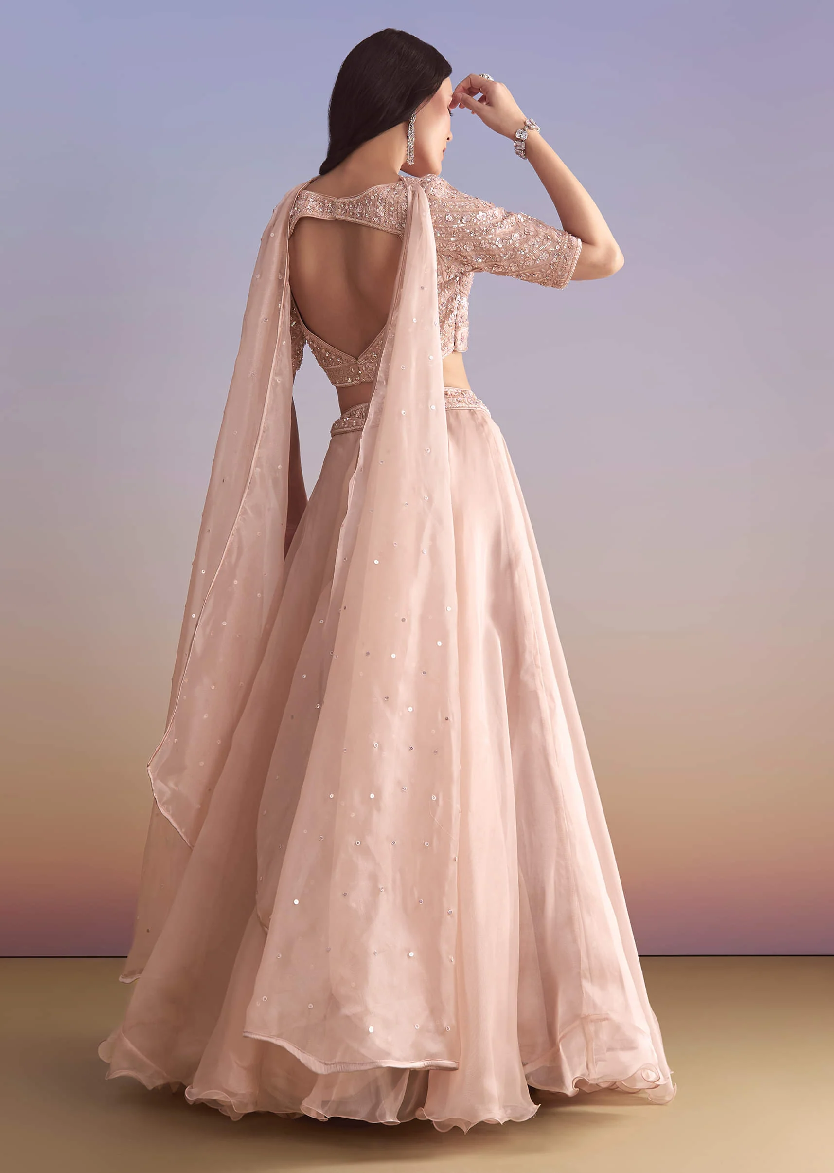 Pink Organza Bridesmaid Lehenga With Sequins And Cutdana Embroidery - Image 2