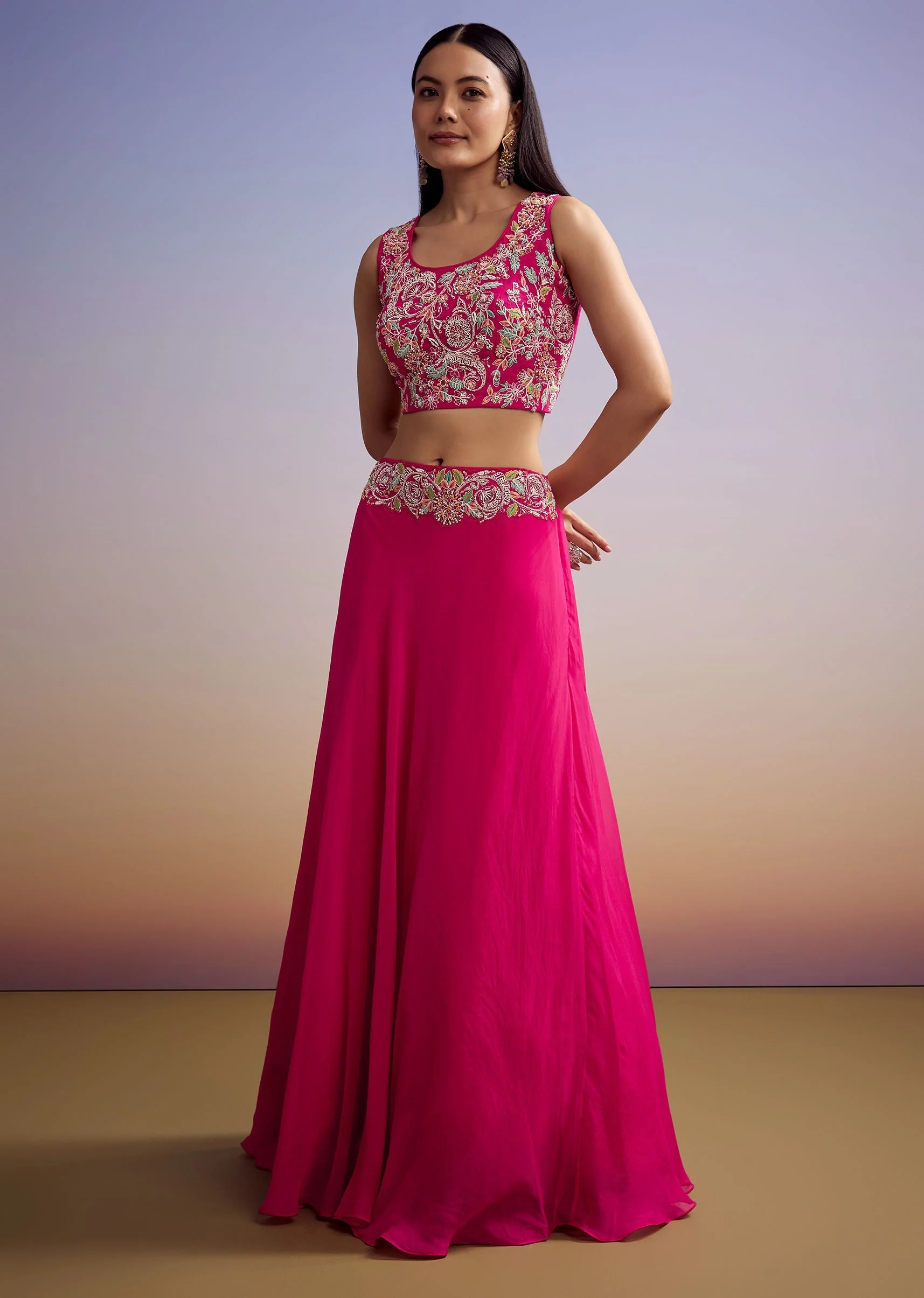 Pink Organza Crop Top And Skirt Set With Embroidered Cape - Image 6