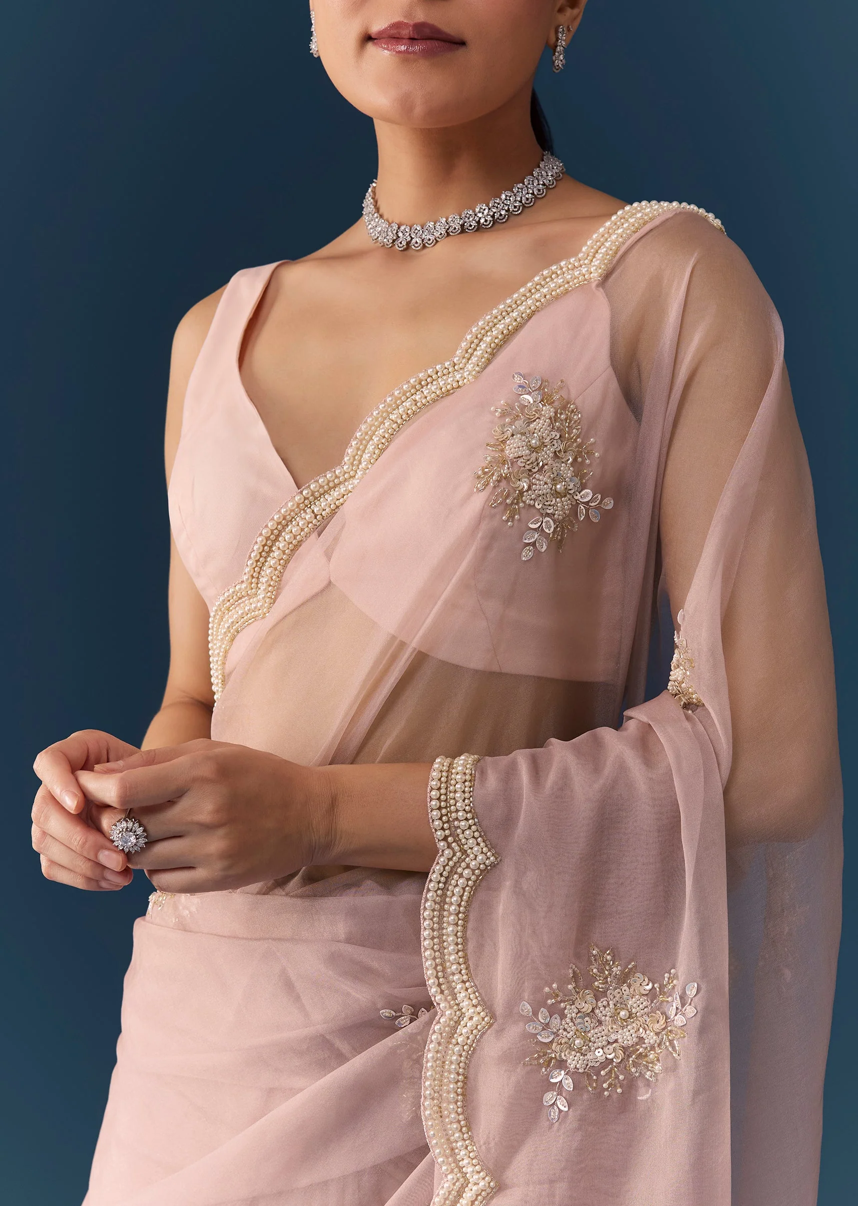 Pink Organza Embroidered Saree with Blouse Fabric - Image 2