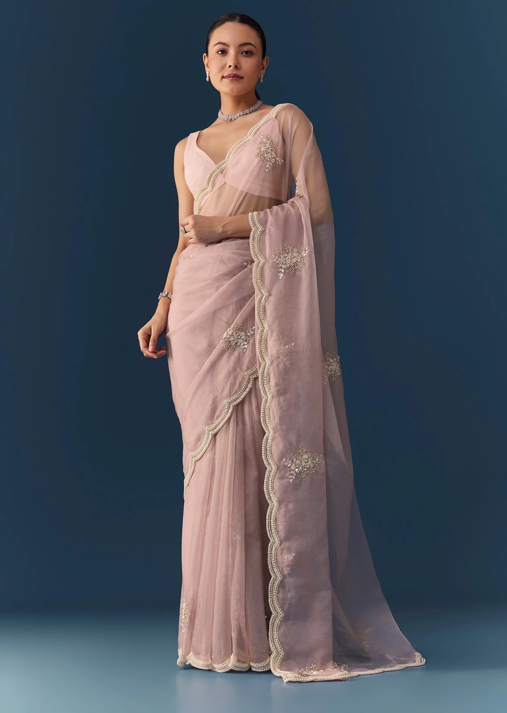 Pink Organza Embroidered Saree with Blouse Fabric - Image 3