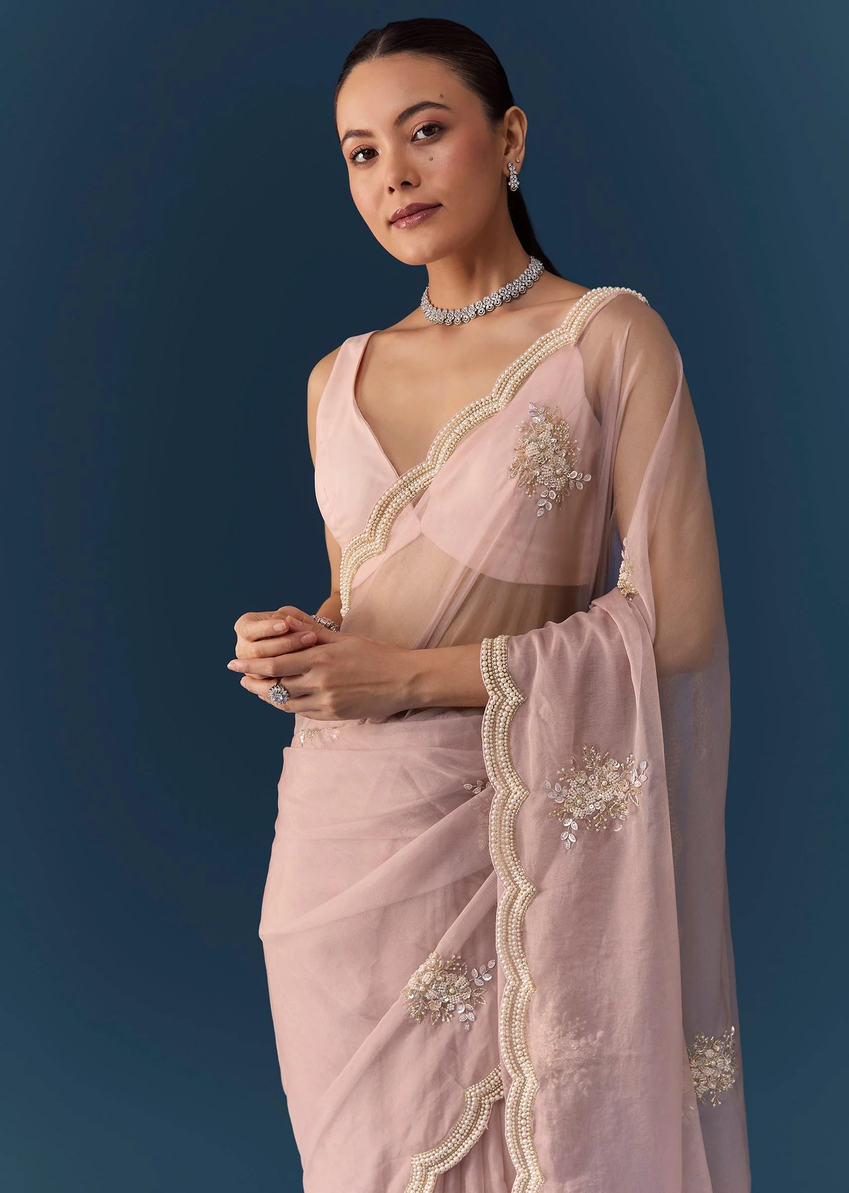 Pink Organza Embroidered Saree with Blouse Fabric - Image 5