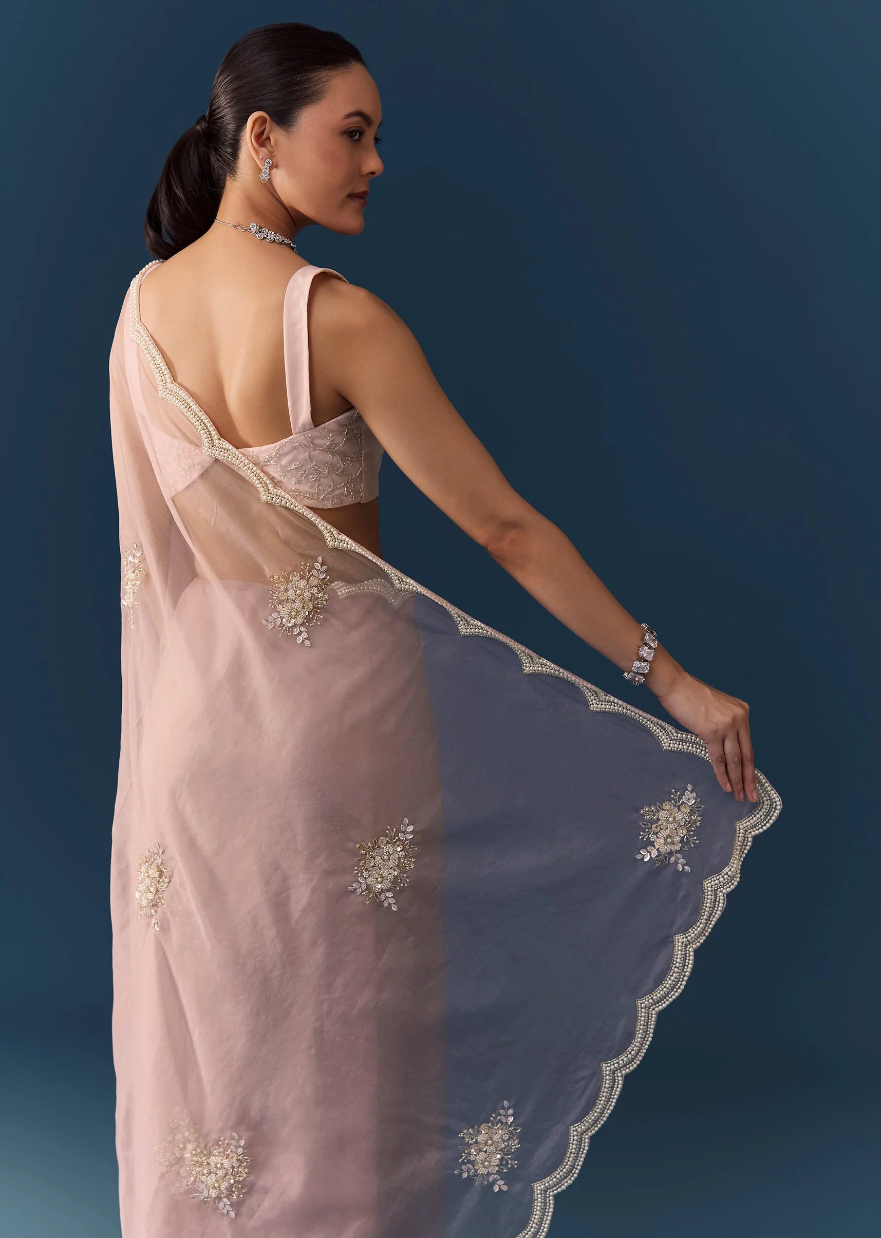 Pink Organza Embroidered Saree with Blouse Fabric - Image 6