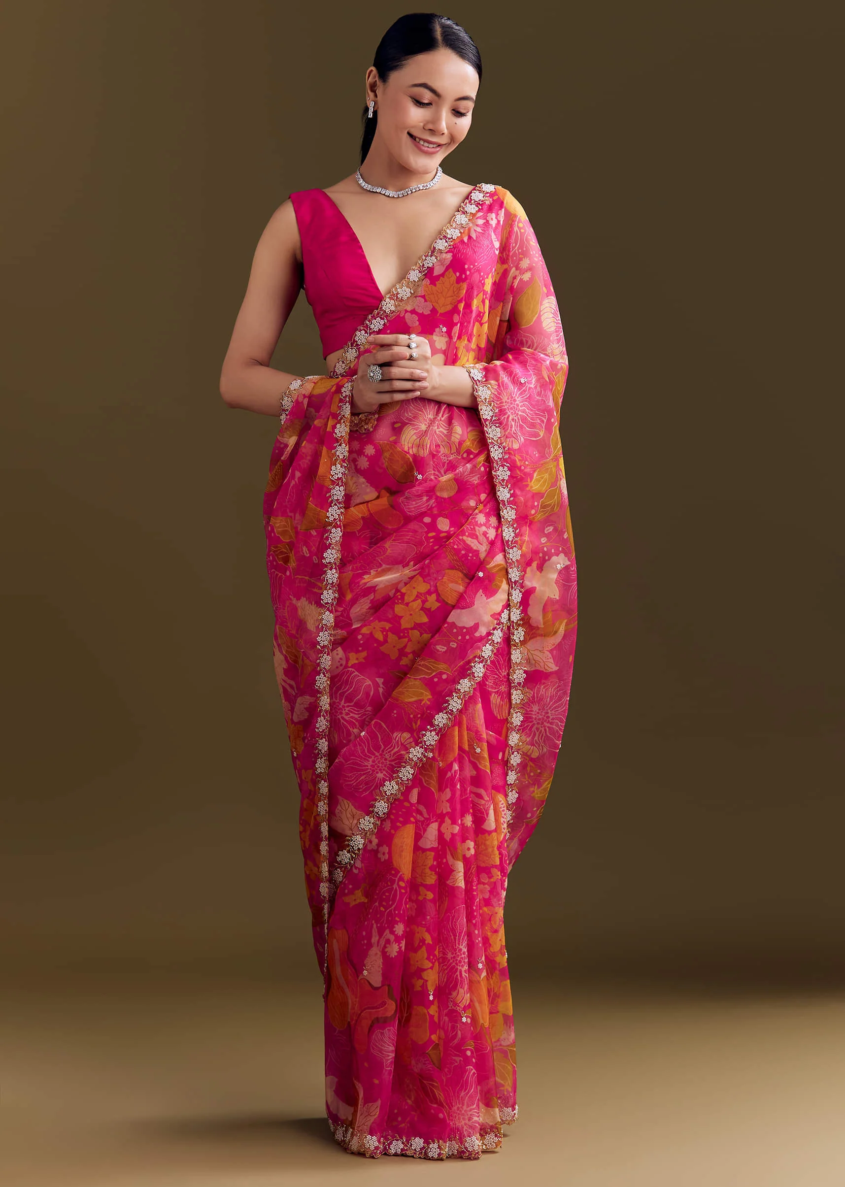 Pink Organza Floral Saree With Embellished Border - Image 2