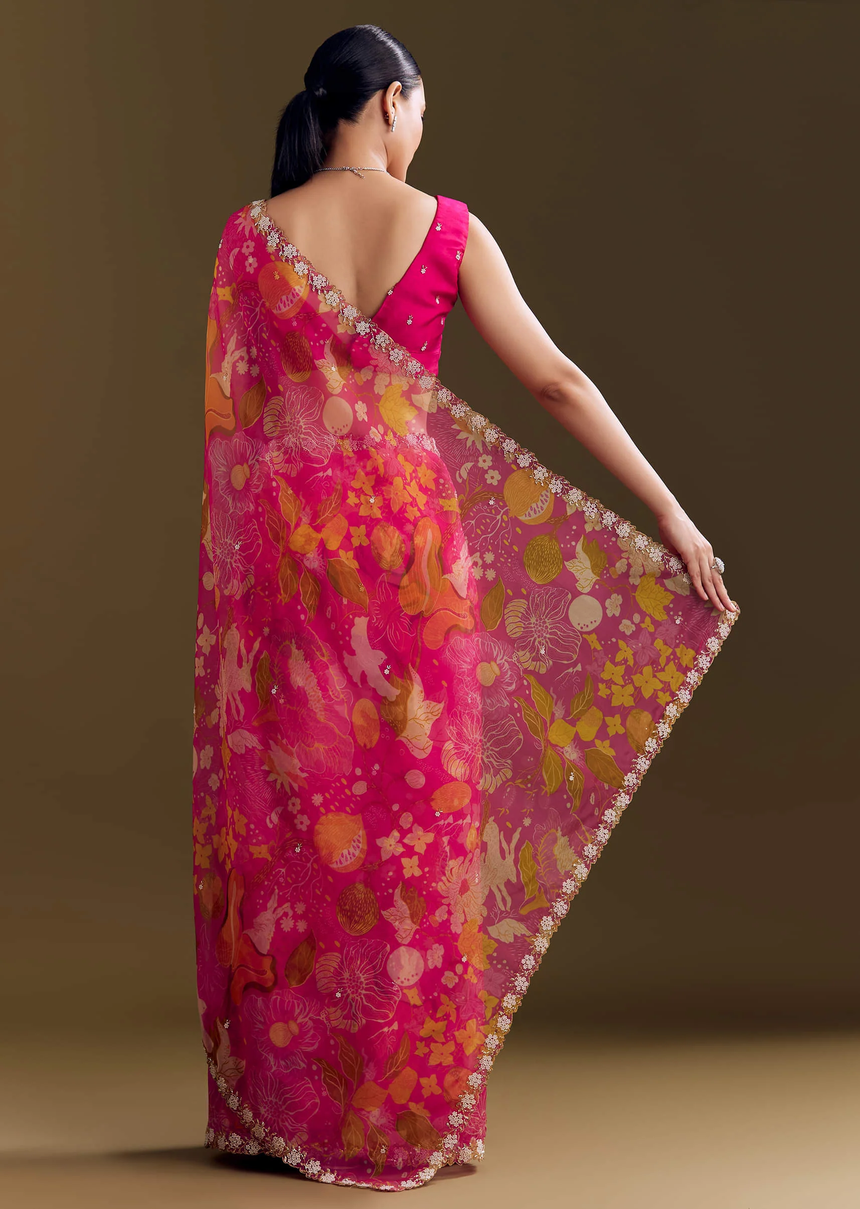Pink Organza Floral Saree With Embellished Border - Image 6
