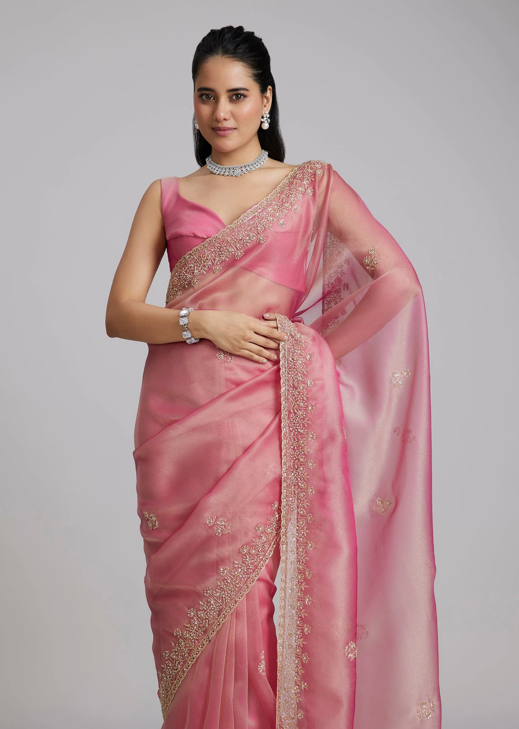 Pink Organza Saree With Floral Border - Image 5