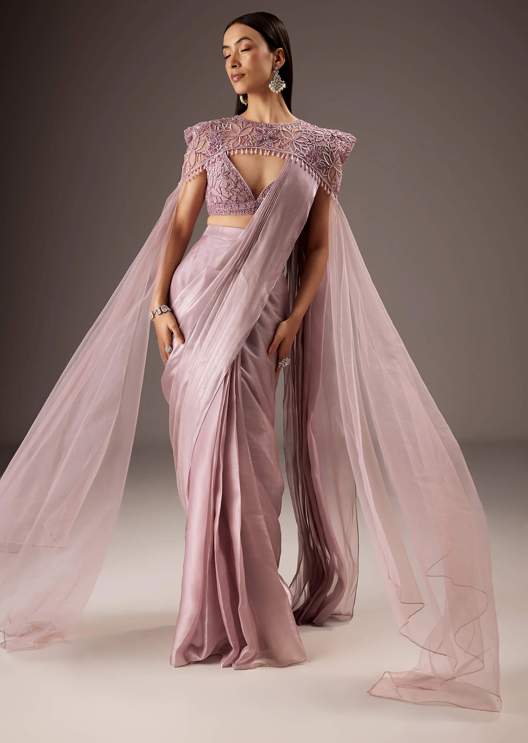 Pink Organza Saree With Heavy Embroidery - Image 6