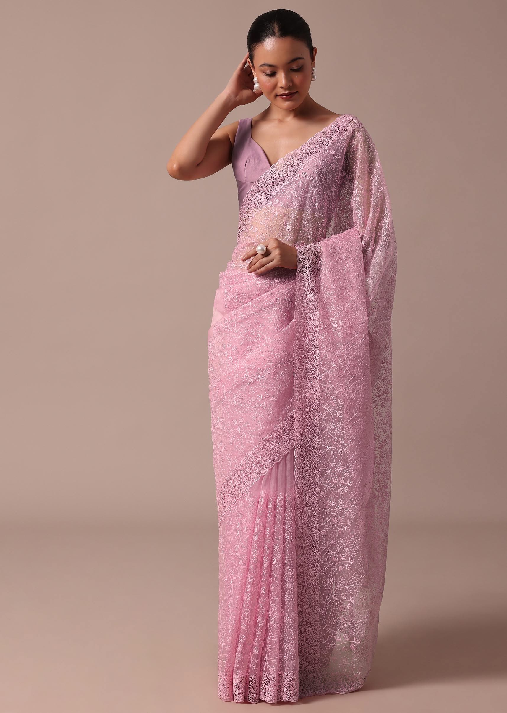 Pink Organza Saree With Unstitched Blouse - Image 3