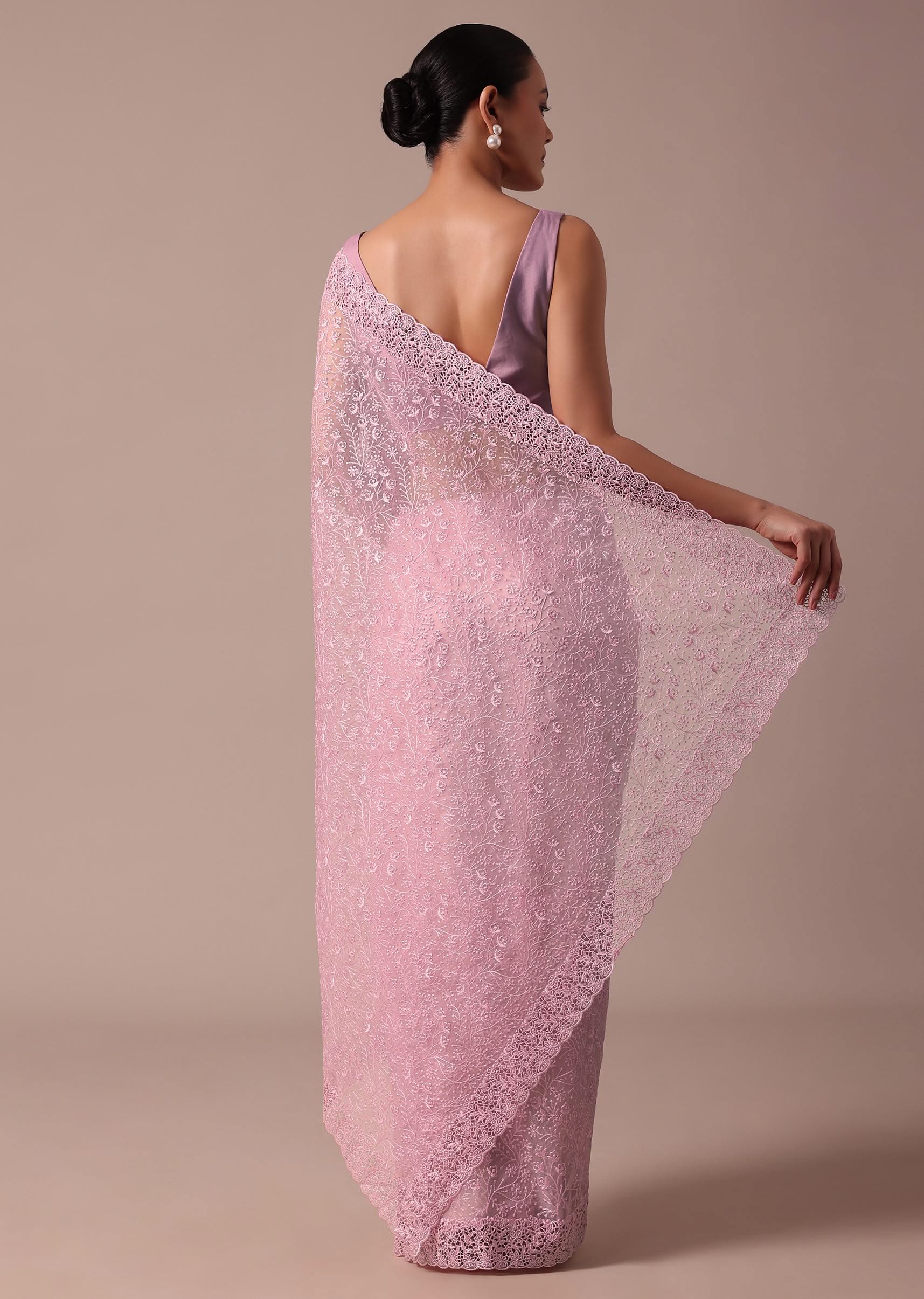 Pink Organza Saree With Unstitched Blouse - Image 4