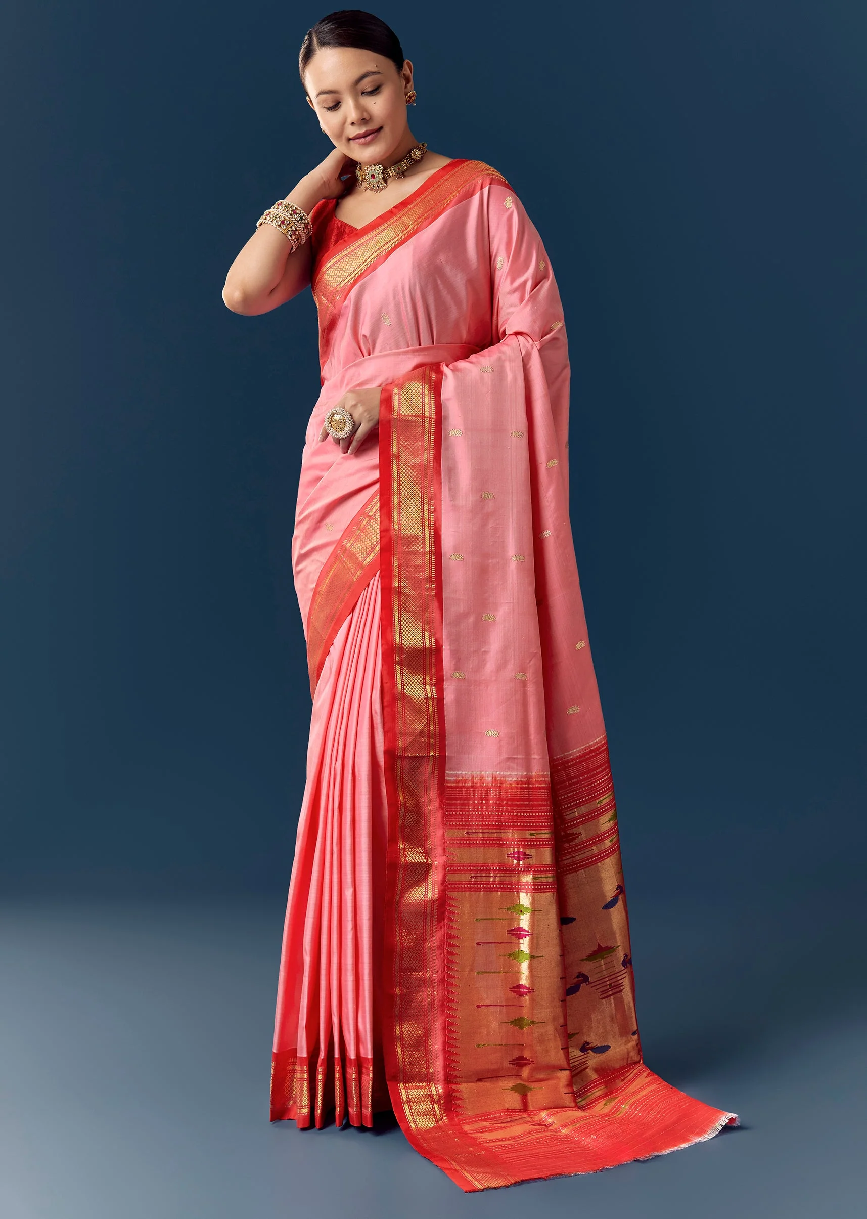 Pink Paithani Silk Saree with Contrast Red Zari Border
