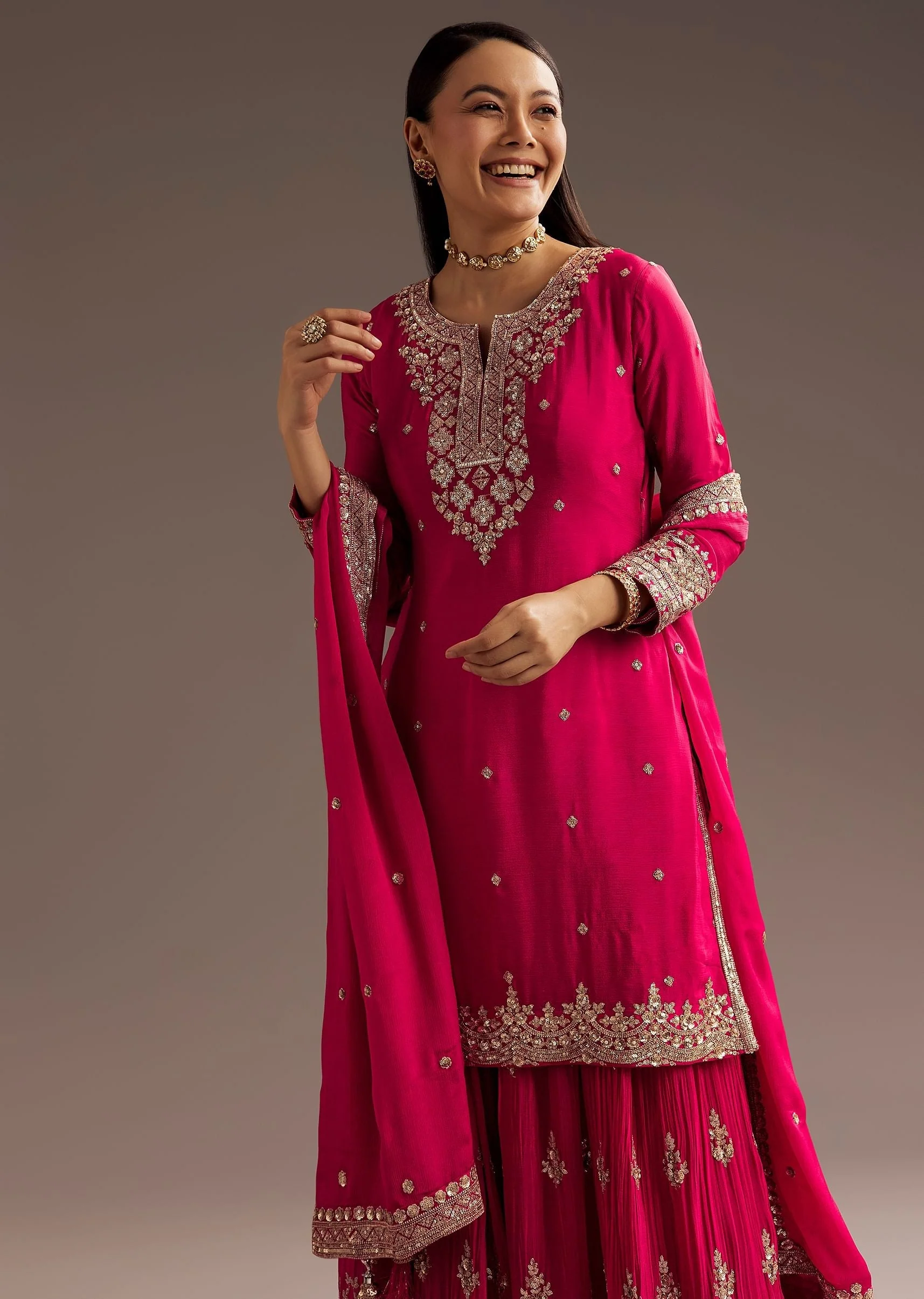Pink Palazzo Dupatta Set With sequins Work - Image 2