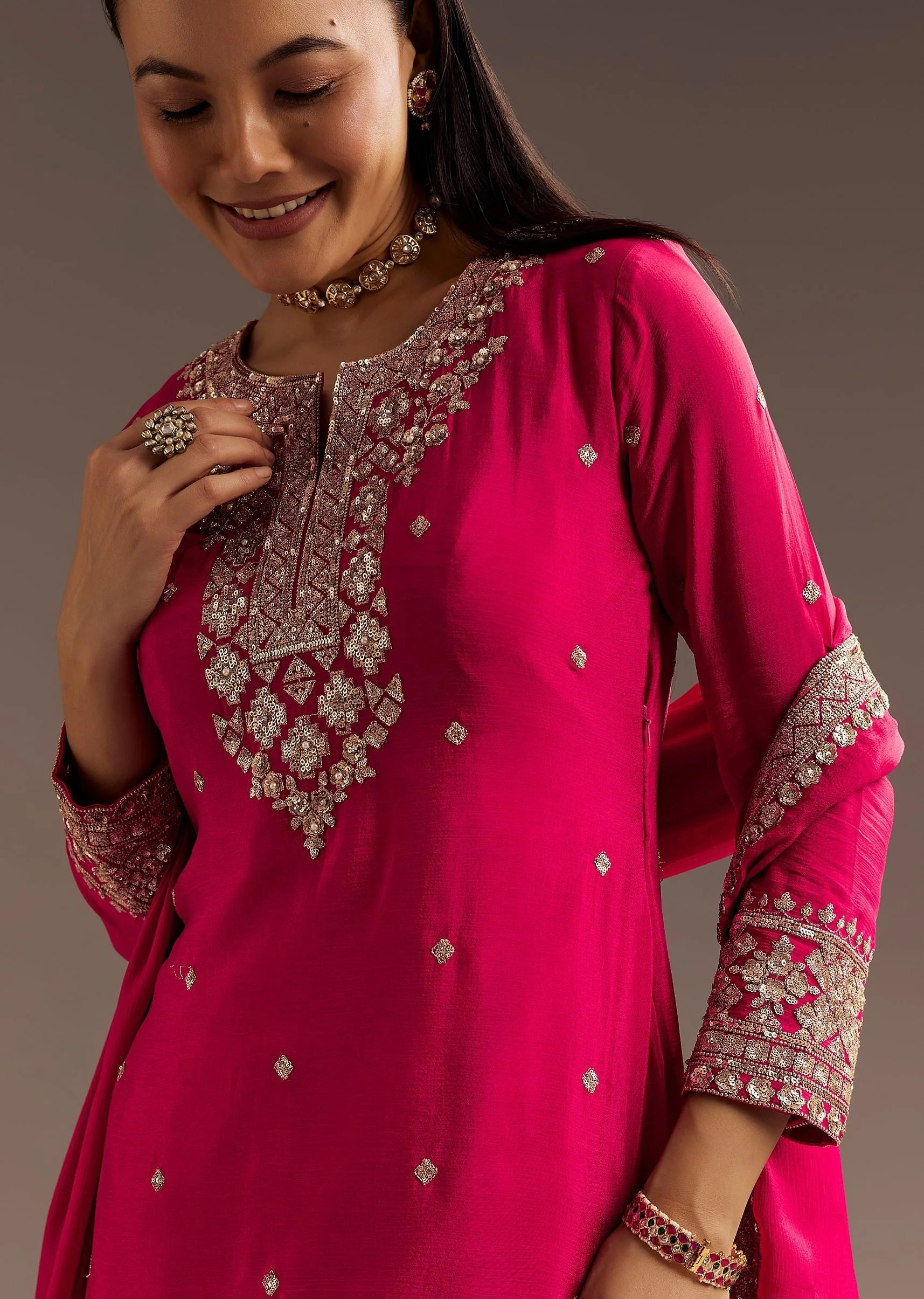 Pink Palazzo Dupatta Set With sequins Work - Image 4