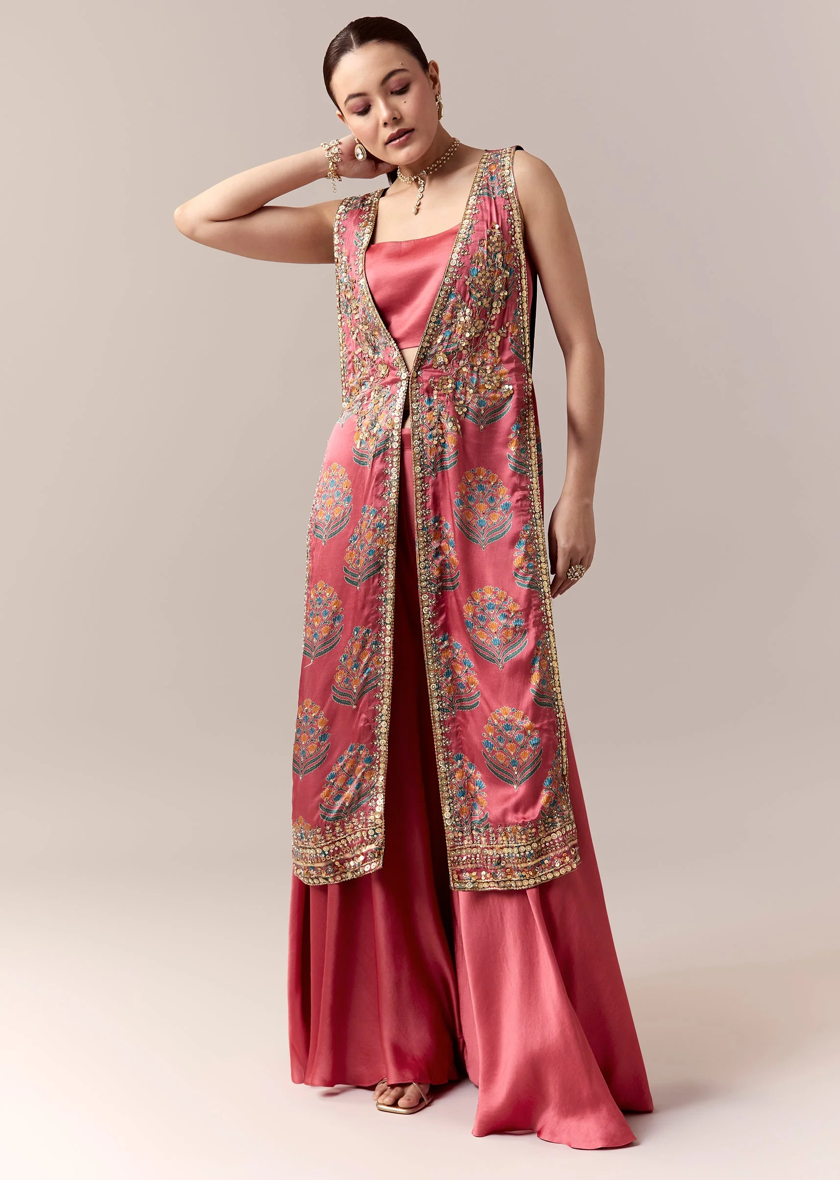 Pink Palazzo Suit With Printed Sequins Work Jacket