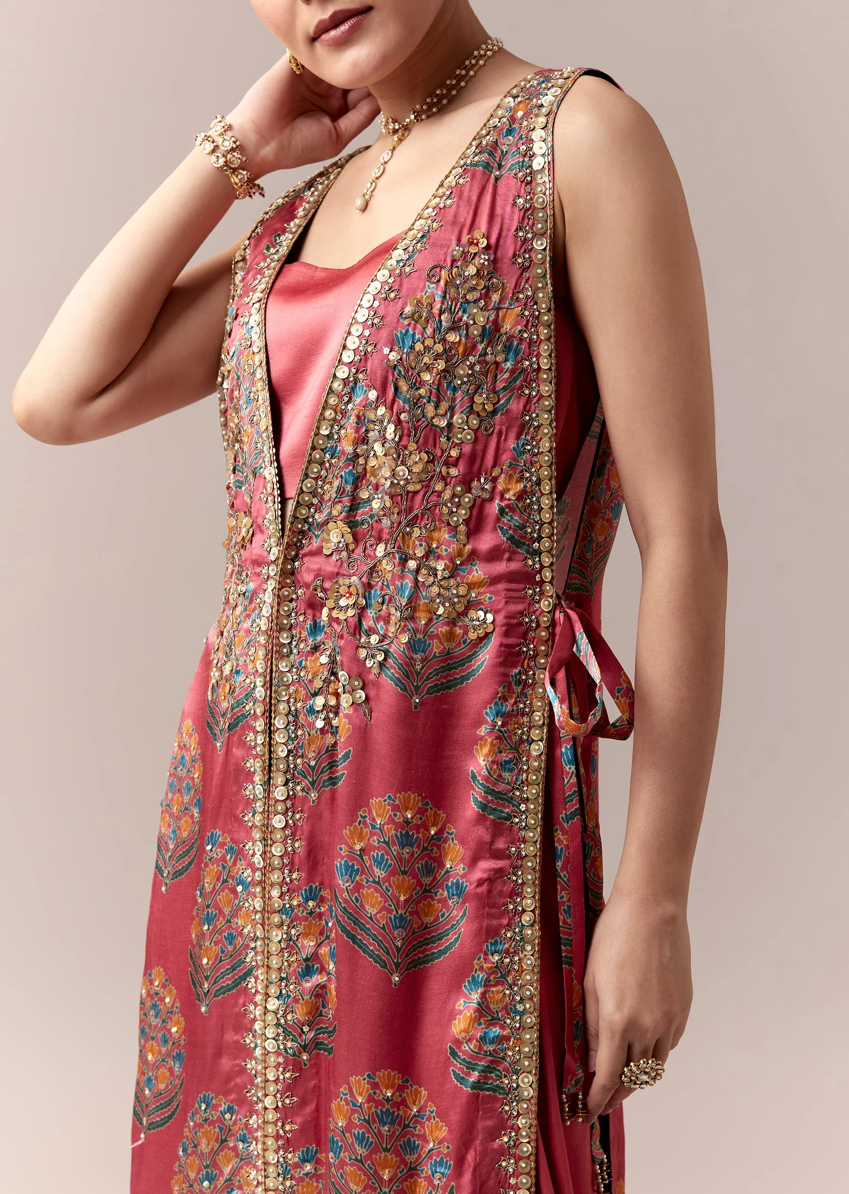 Pink Palazzo Suit With Printed Sequins Work Jacket - Image 2
